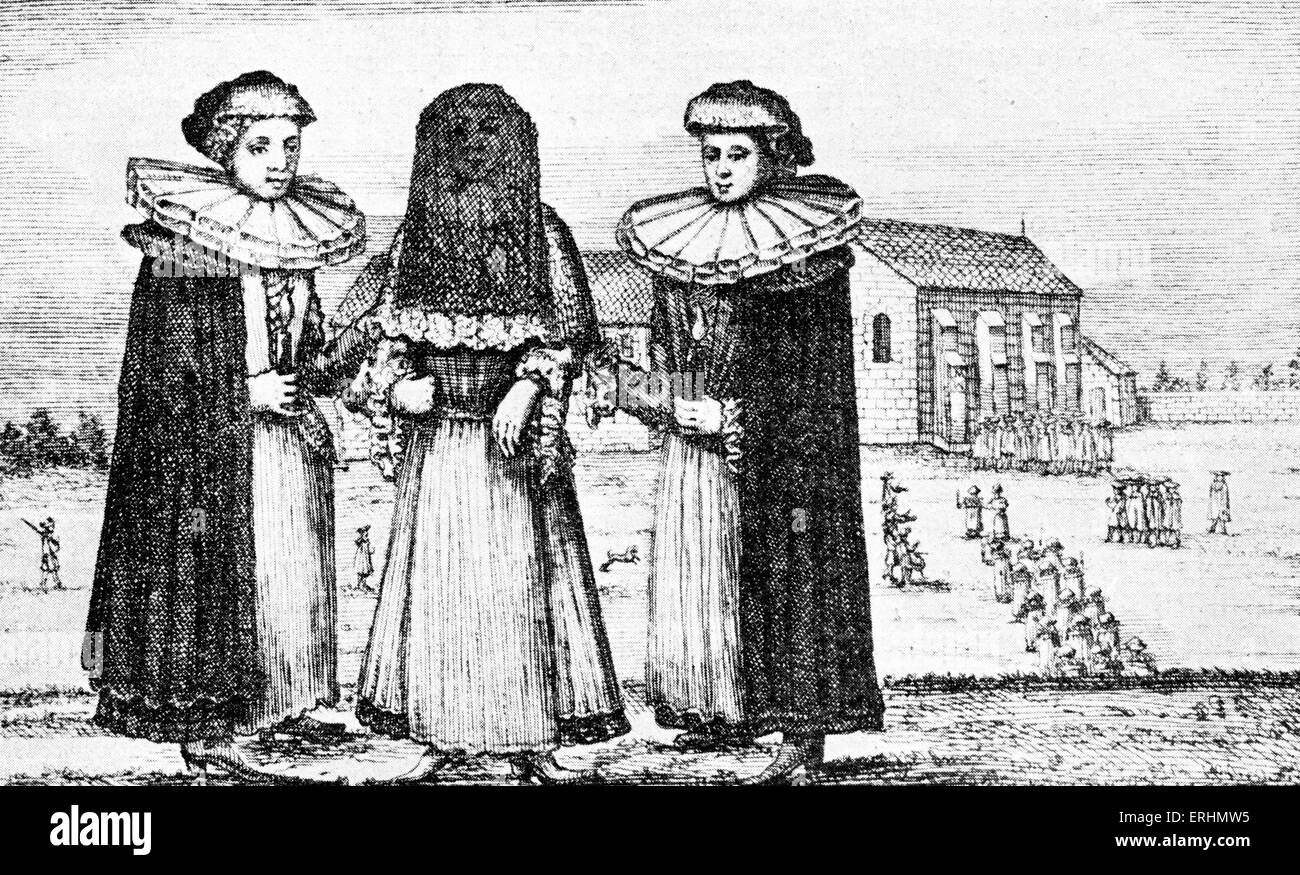 Novia judía en el siglo XVIII con sus dos asistentes / las criadas de la novia. Foto de stock