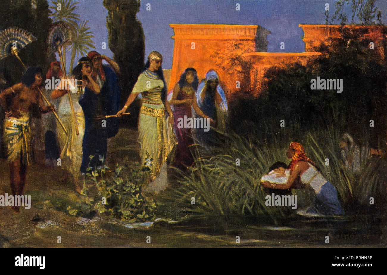 Moisés se encuentra en una cuna en los juncos / espadaña por Pharoah 's hija. Por Robert Leinweber. Artista Checo (1845 -1921) Foto de stock