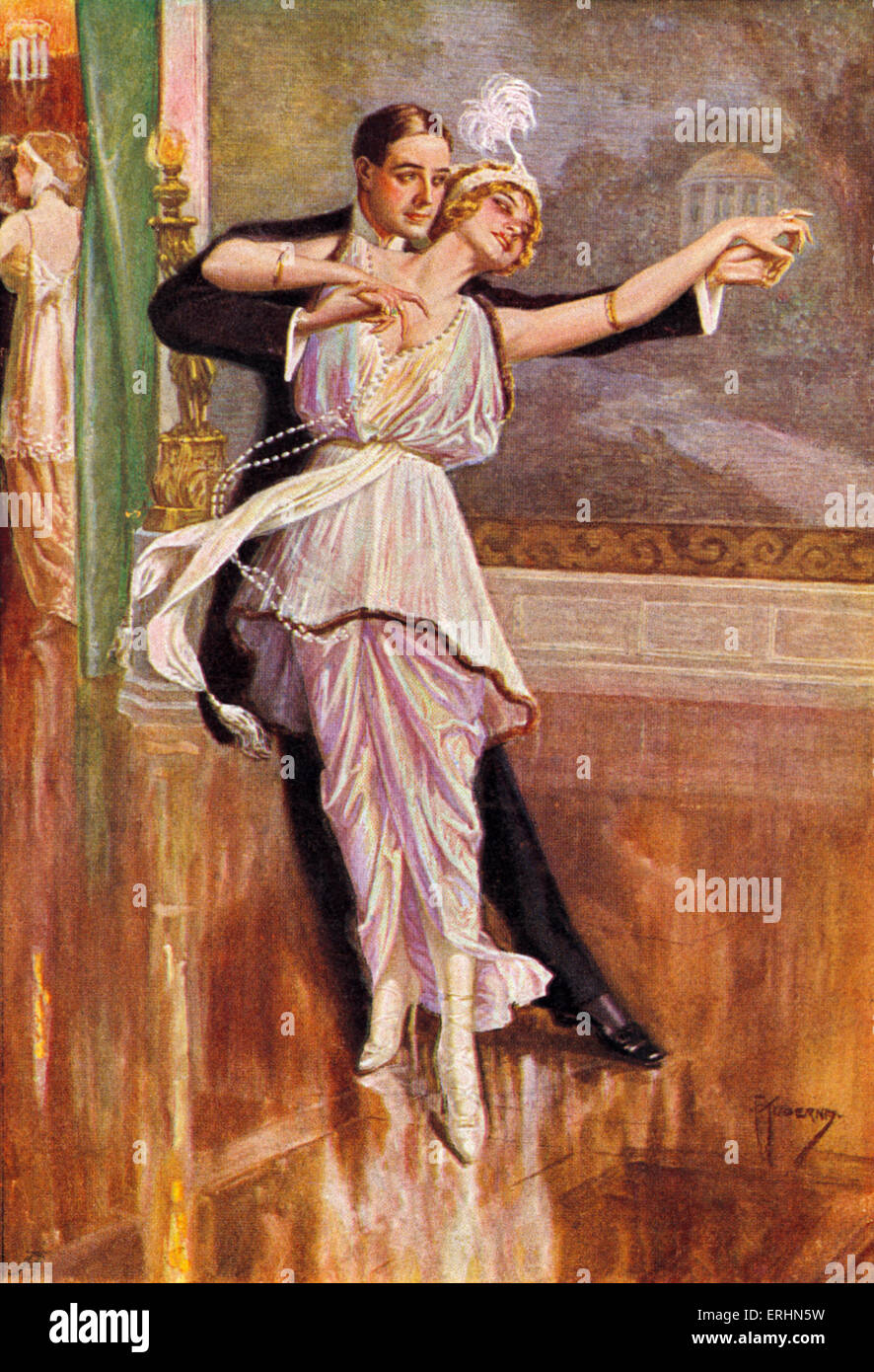 Pareja bailando en Viena a fines del siglo XIX por Kuderny. La mujer está usando una pluma y jefe vestido largo collar de perlas. Foto de stock