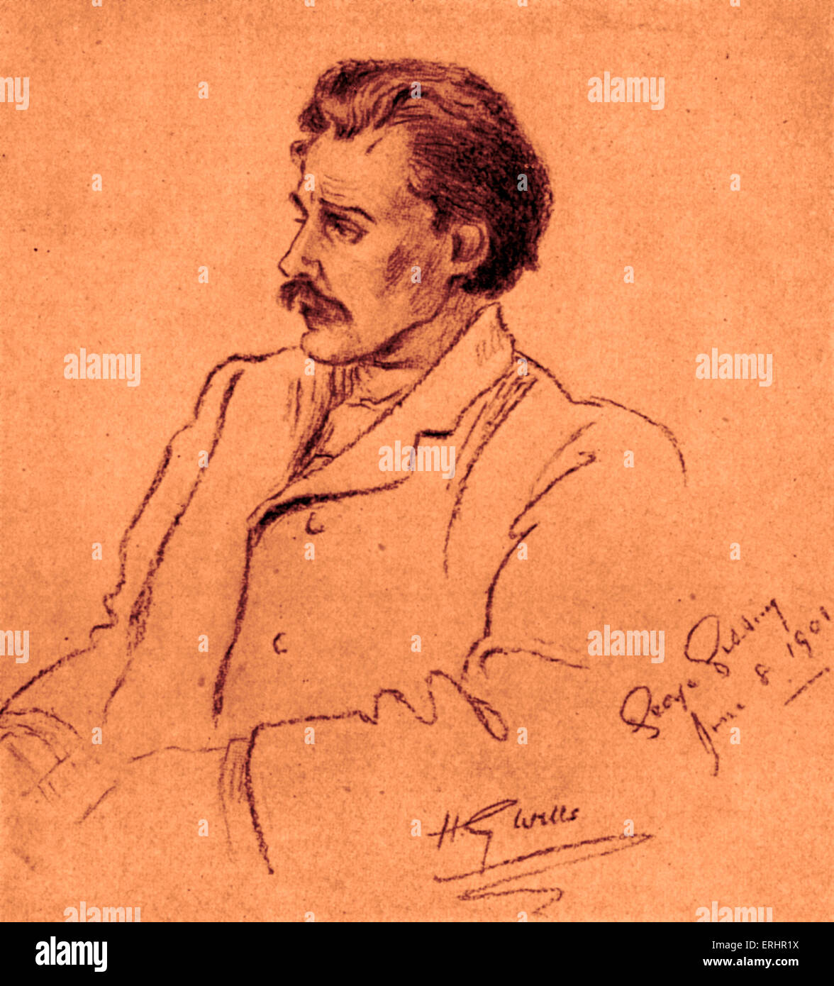 George Gissing - retrato del novelista inglés. Dibujo por su amigo, el escritor inglés H. G. Wells. 22 de noviembre de 1857 - 28 de diciembre de 1903. Foto de stock