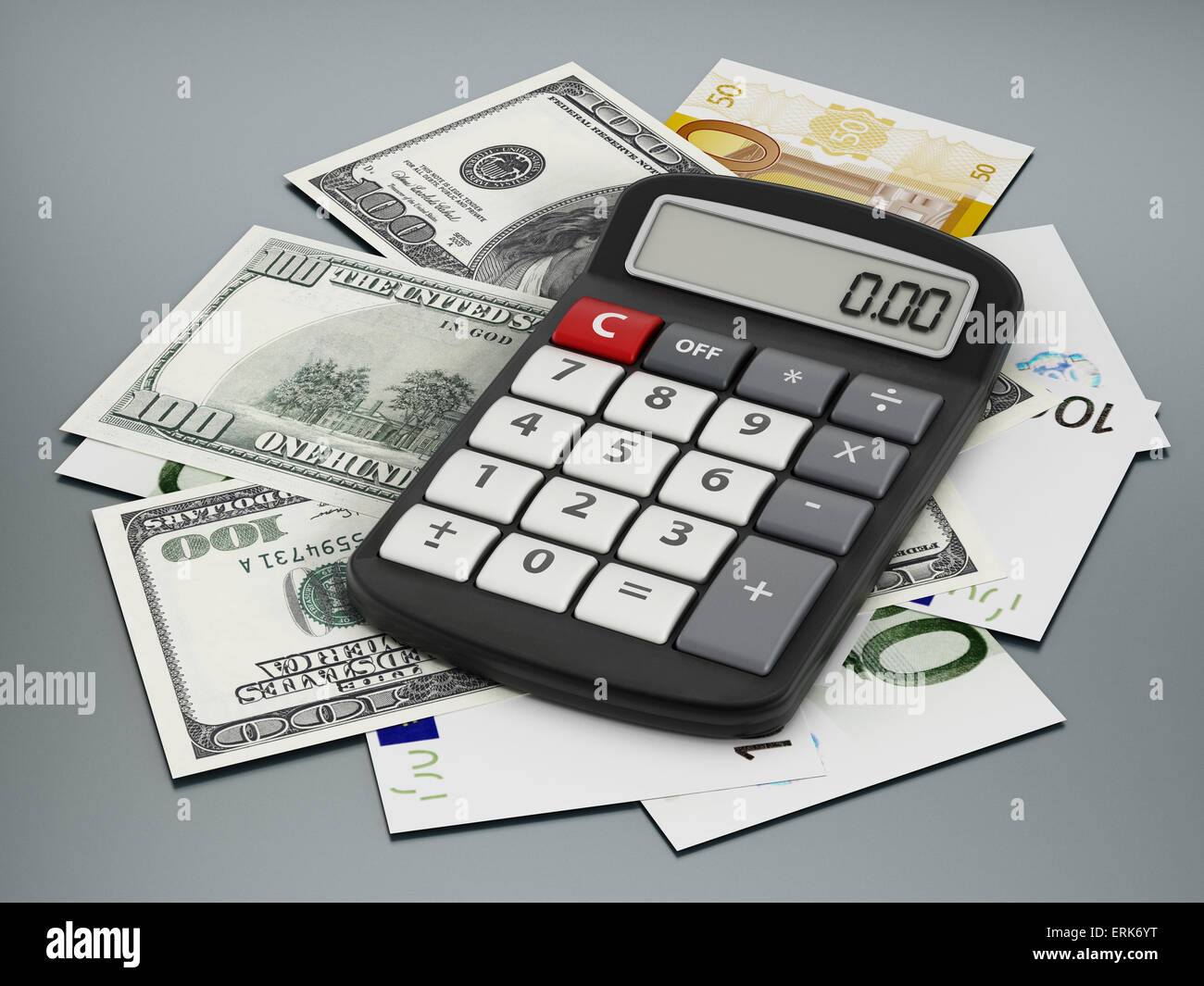 La calculadora, el dólar y el euro billetes en superficie gris Fotografía  de stock - Alamy