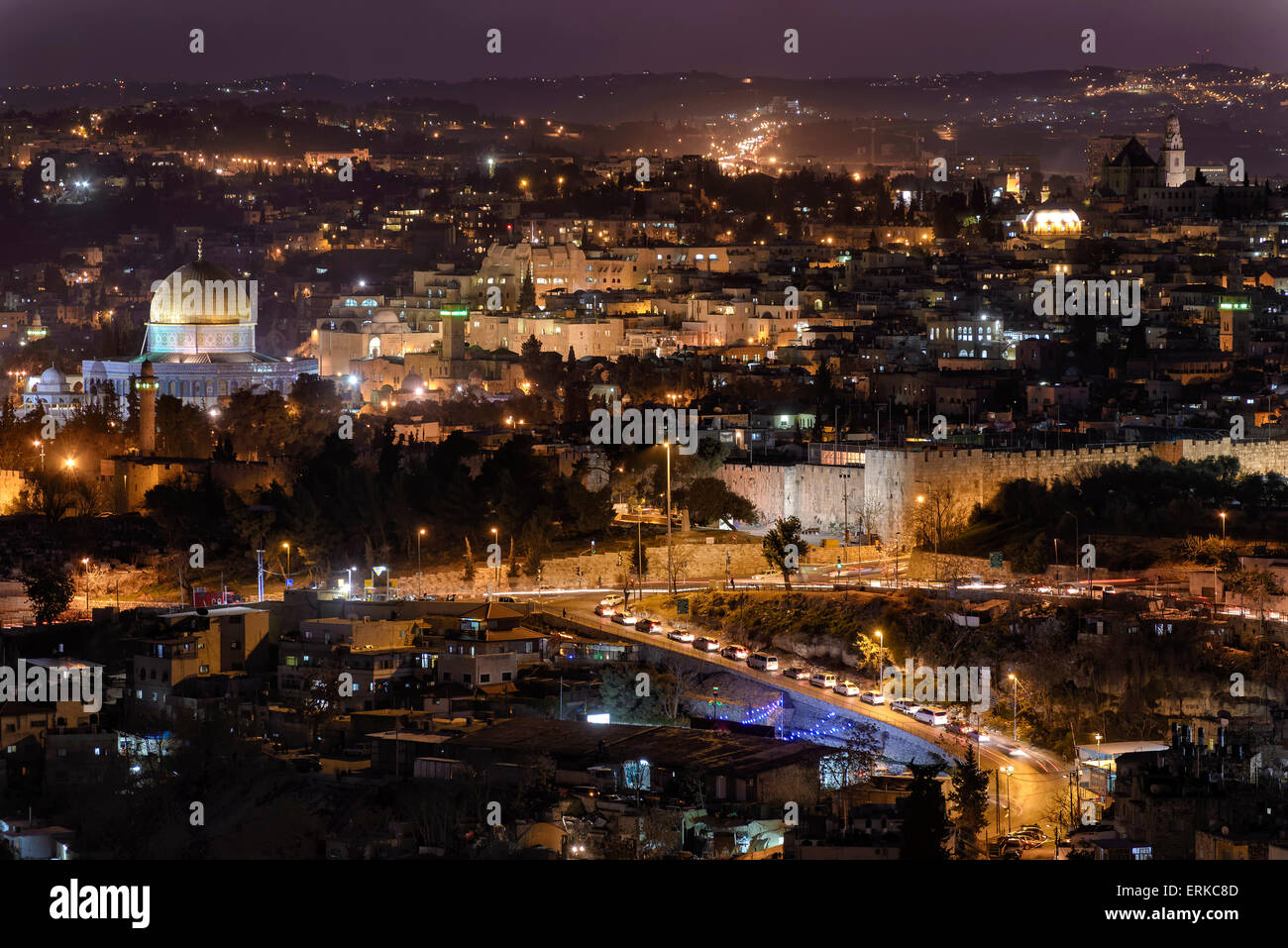 Ciudad vieja de Jerusalén por la noche, la cúpula de la roca, El Barrio Judío, Muro Occidental, el Muro de los Lamentos, Torre de David, Jerusalén, Israel Foto de stock
