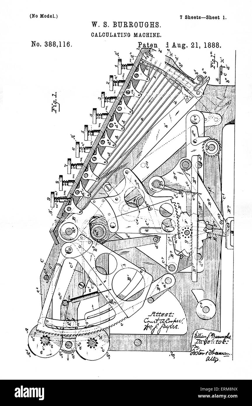 WILLIAM S. Burroughs (1857-1898), inventor y hombre de negocios americano.  Dibujo de patente para una máquina de calcular presentada el 21 de agosto  de 1888 Fotografía de stock - Alamy