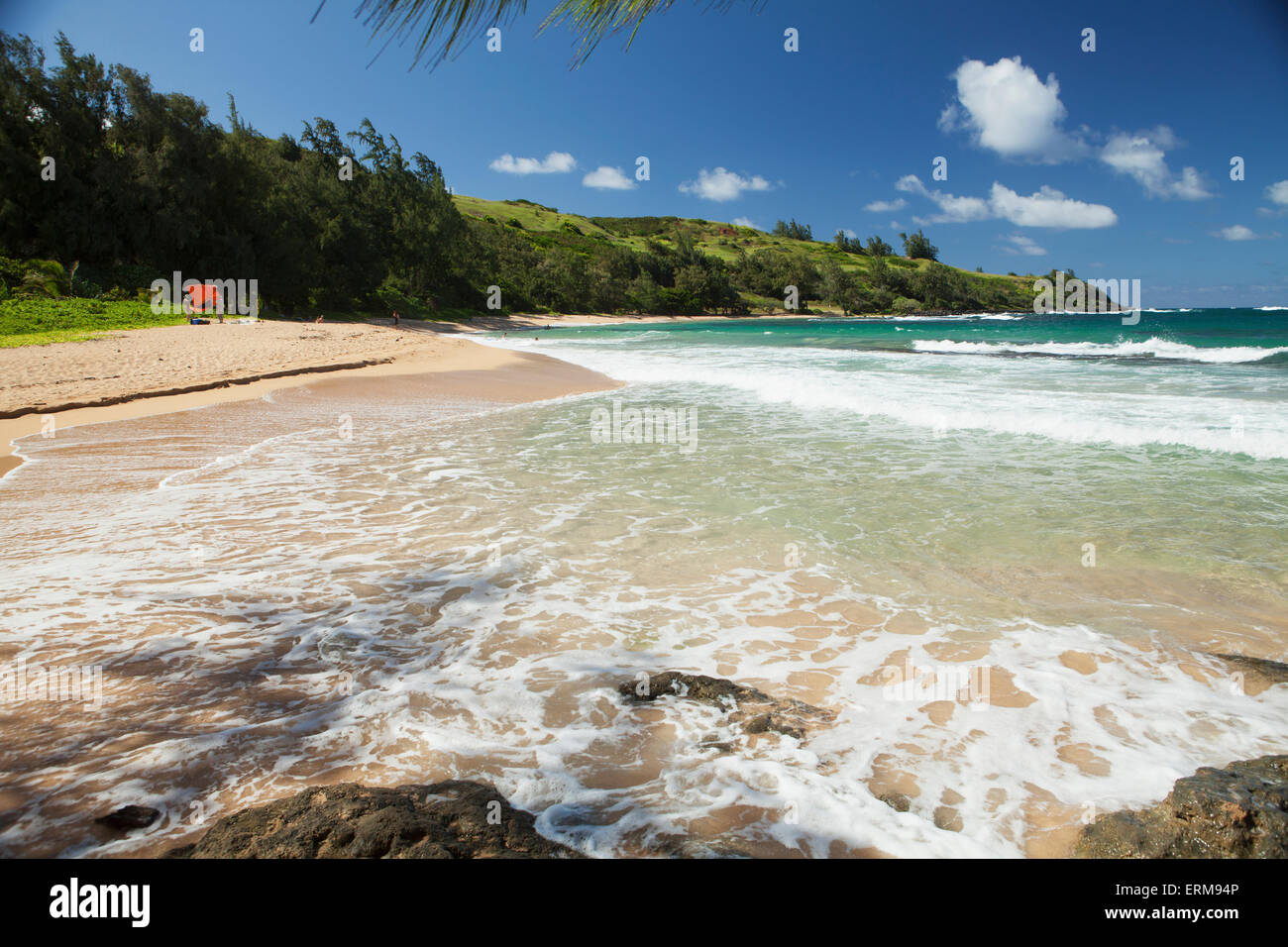 Arena, surf, aguas blancas en una playa aislada, Playa Moloaa Bay; y de Kauai, Hawaii, Estados Unidos de América Foto de stock