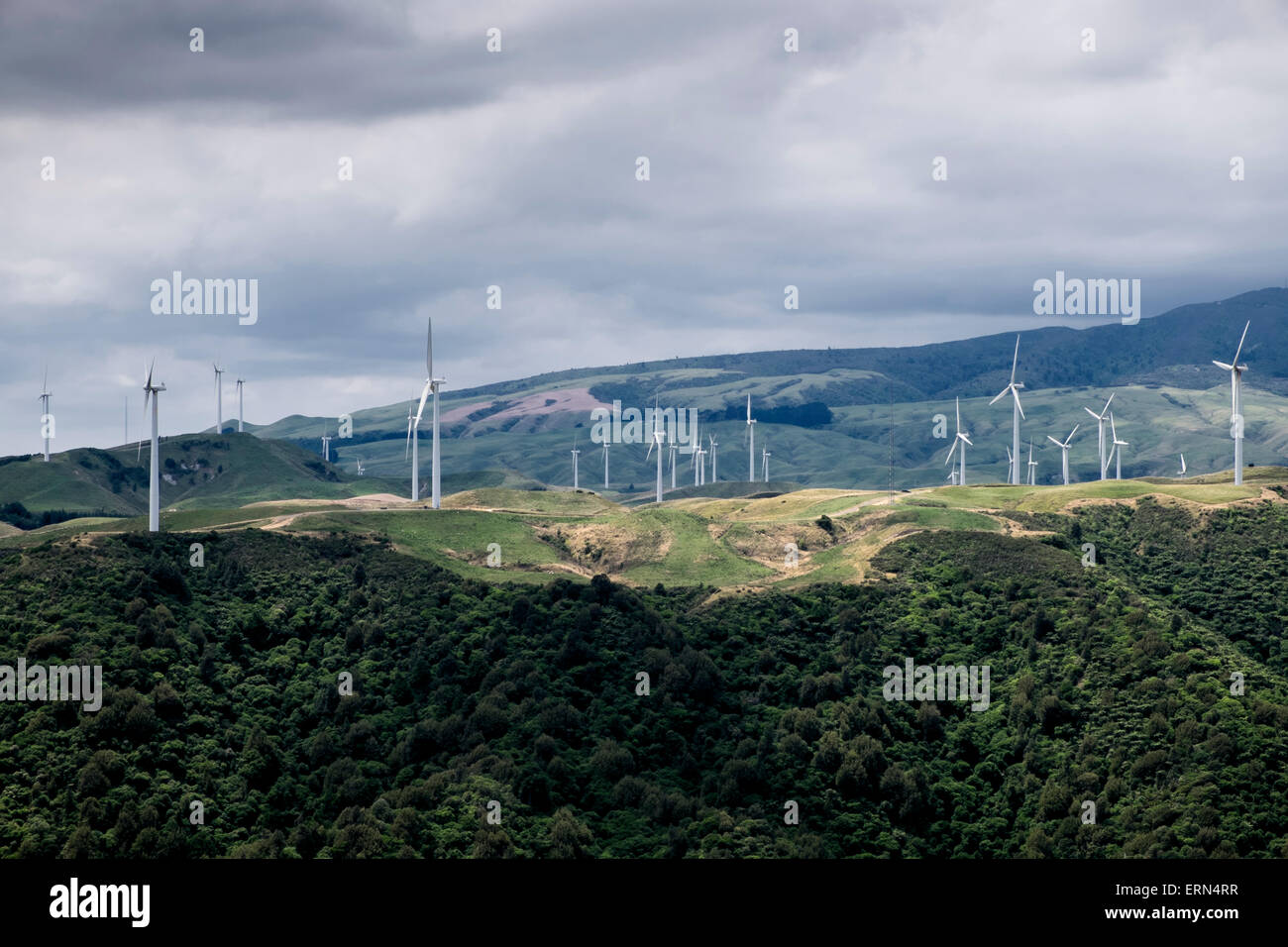 Las turbinas de generación de electricidad en el meridiano de energía en parques eólicos Te Apiti, Manawatu Gorge, Nueva Zelanda. Foto de stock