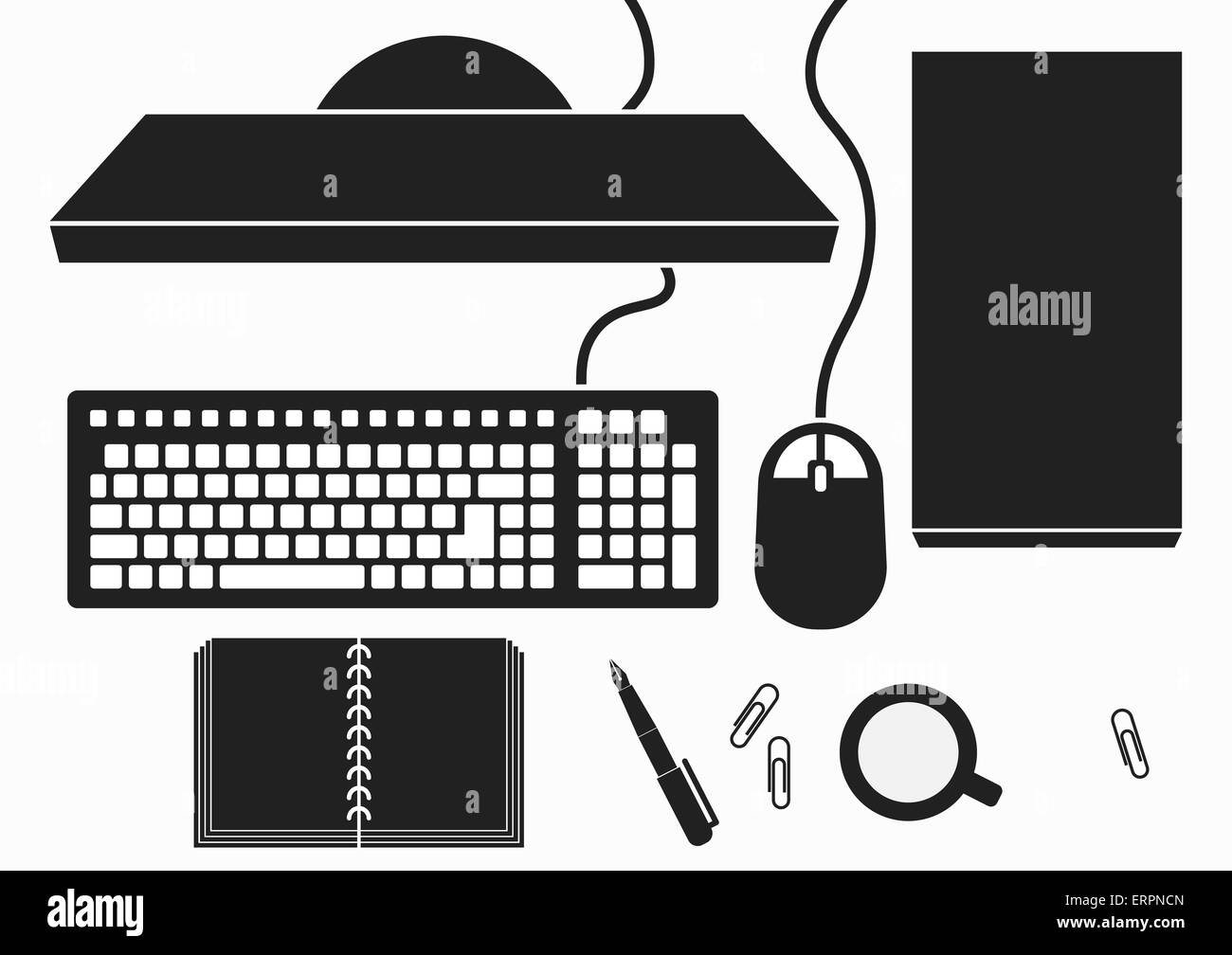 Escritorio con ordenador PC , teclado , mouse , caso , Disco duro , la  pantalla del monitor , libro , pluma , taza , clip ) ( Silueta Fotografía  de stock - Alamy