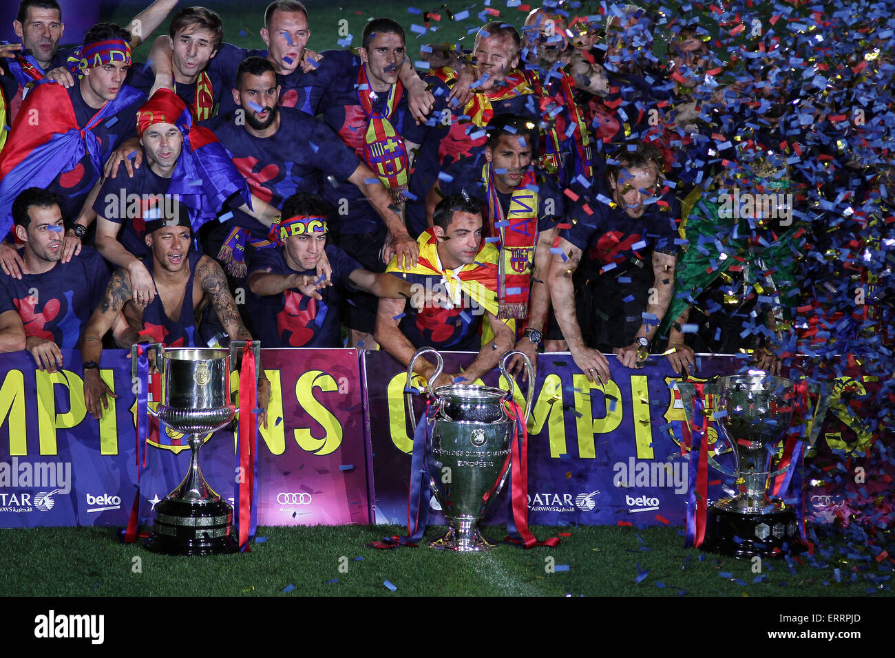 Camp Nou, Barcelona, España. de junio de 2015. Barcelona celebra sus tres en frente de sus fans. La Liga Española, Copa del Rey Liga de Campeones. El único