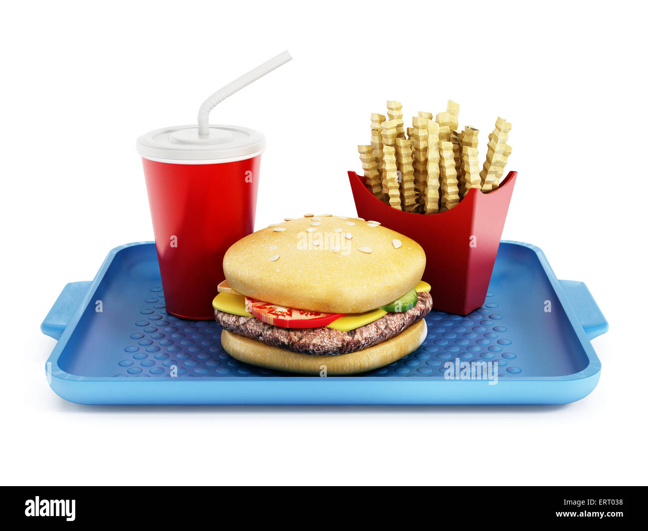 La hamburguesa, refresco y patatas fritas en bandeja de comida rápida