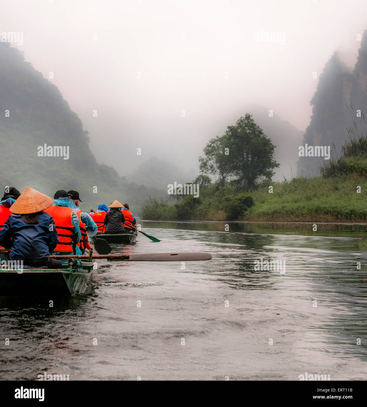 Viajar a través de Tam Coc cuevas en la ong Gong River en Ninh Binh, Vietnam Foto de stock