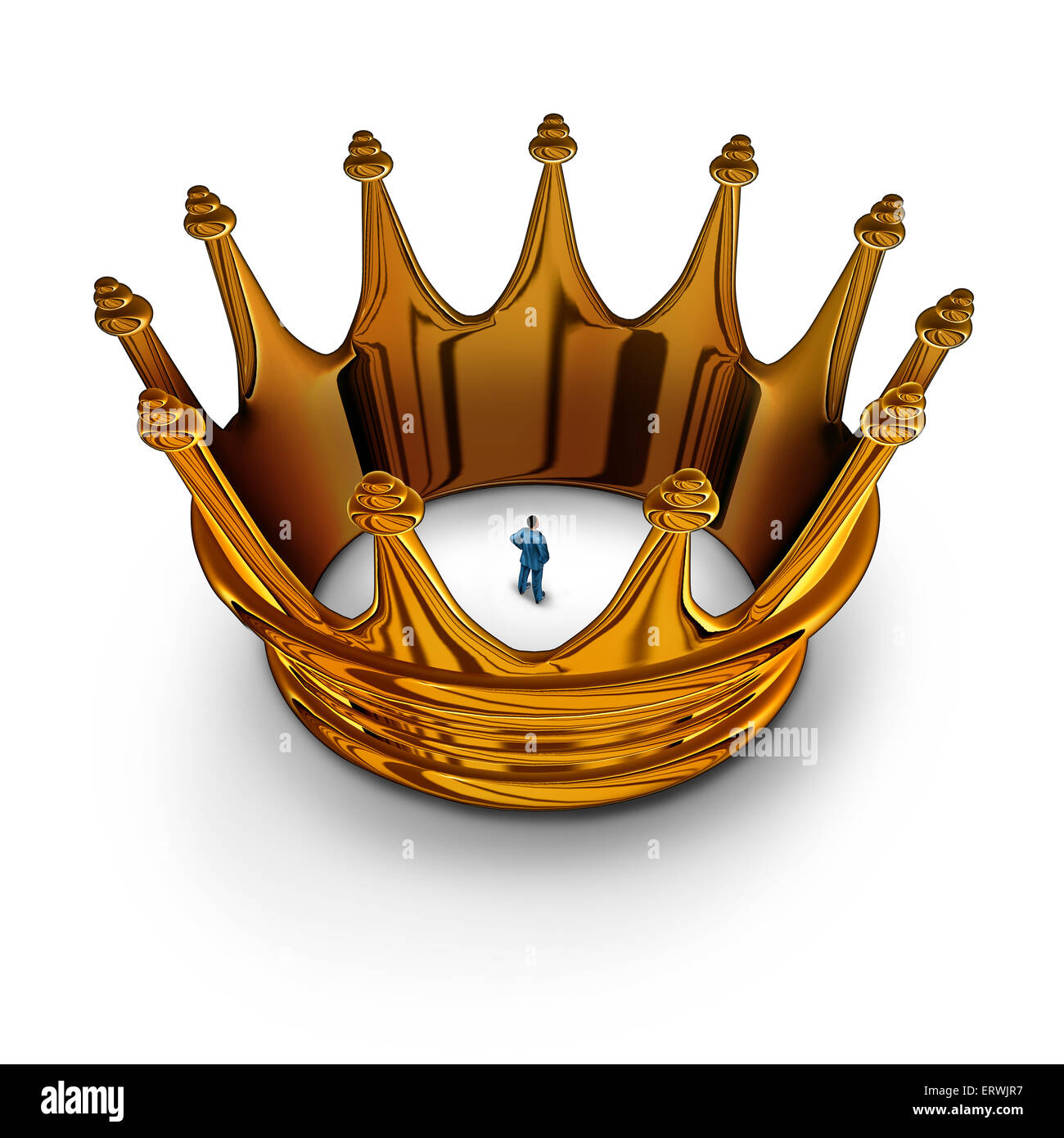 Concepto de negocio prisionero de liderazgo como empresario atrapado y restringido dentro de un rey gold crown como una metáfora para tener restricciones de gestión en los poderes limitados y mucho que hacer. Foto de stock