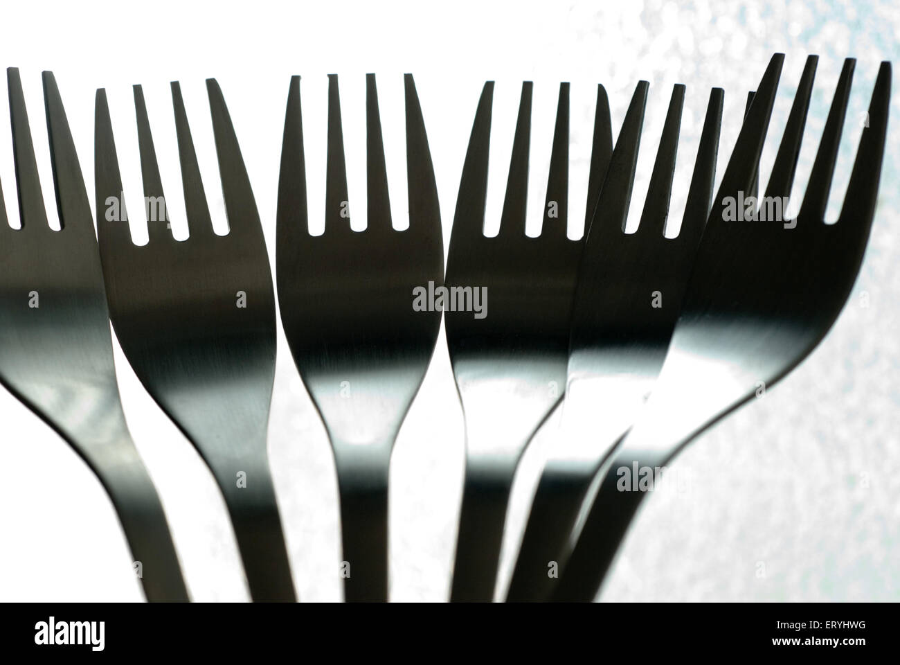 Tenedores, utensilio de cocina de acero inoxidable sobre fondo blanco Foto de stock