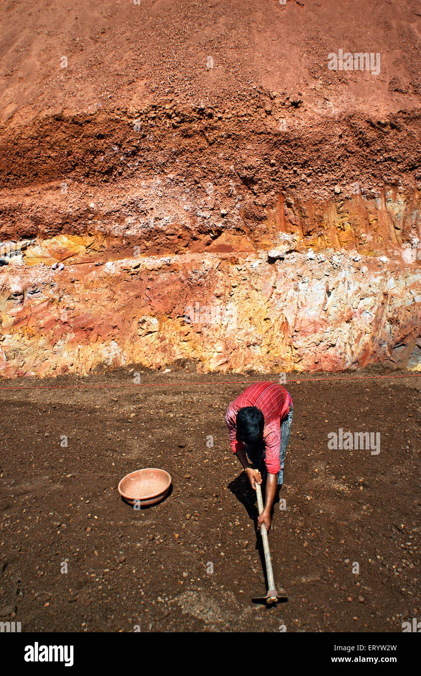 Hombre trabajando , pila de hierro Ore , Panji , Panjim , Goa , India , Asia Foto de stock