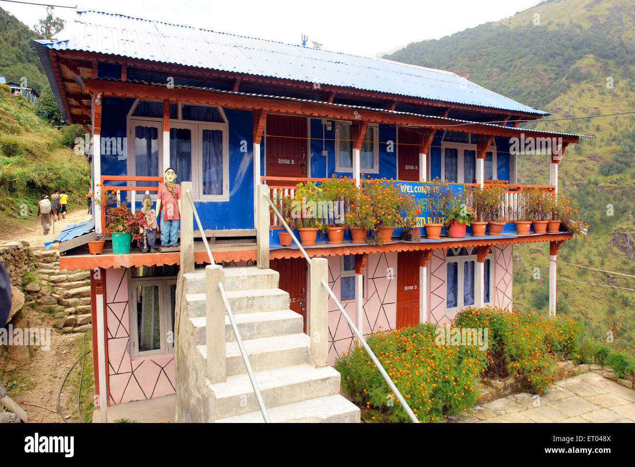 Pasos de bienvenida, Annapurna View Point Guest House, Banthanti, Shikha, Ulleri, Nepal, República Democrática Federal de Nepal, Asia del Sur, Asia Foto de stock