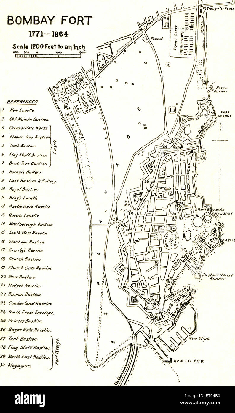 Antiguo mapa de Bombay, Fort 1771 1864, Mumbai, Maharashtra, India Foto de stock