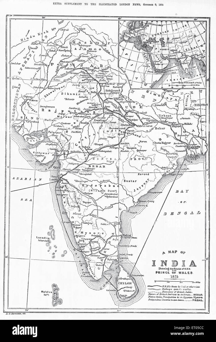 Un mapa de la India mostrando la ruta de S.A.R. el Príncipe de Gales 1875 Foto de stock