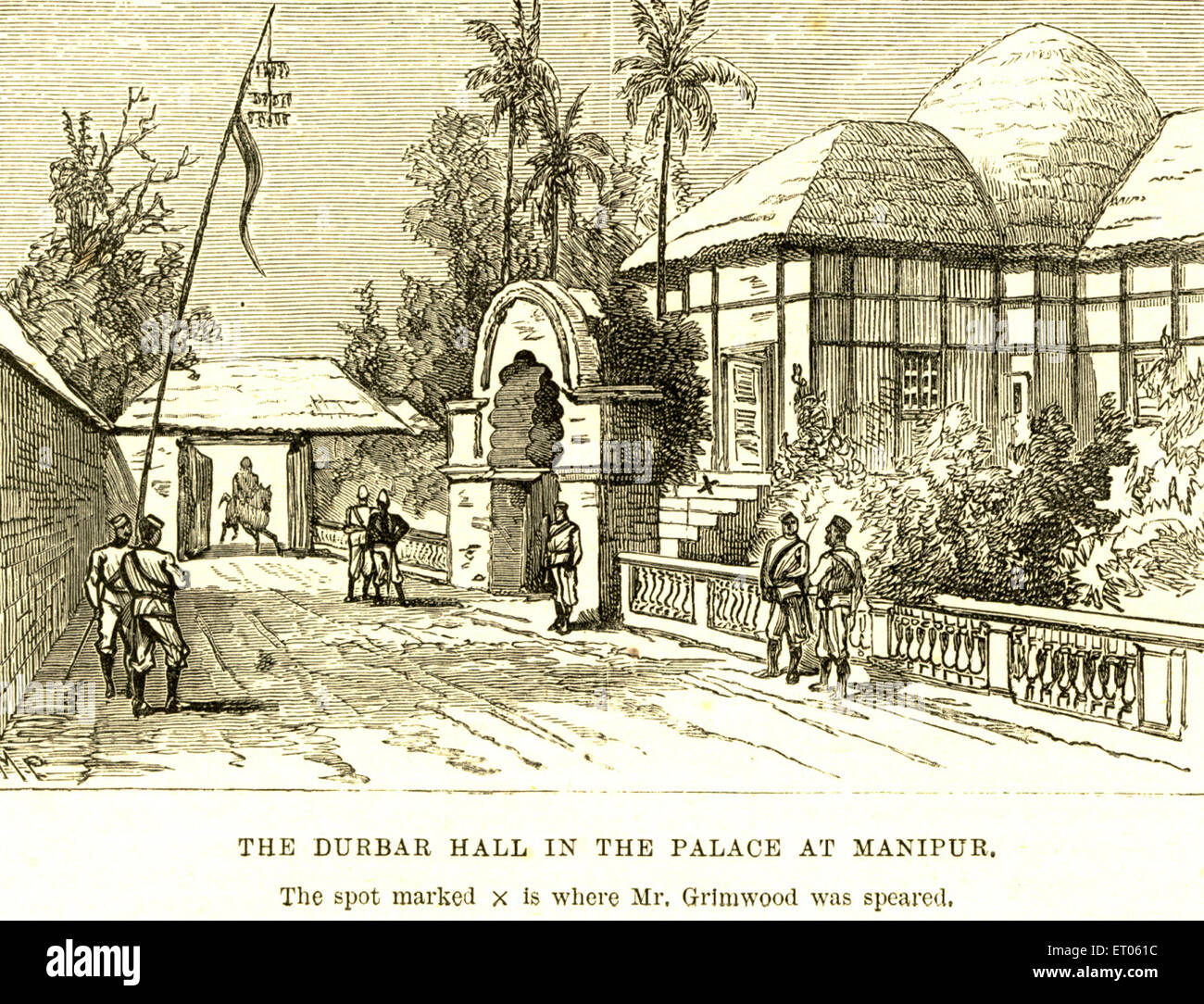 El Pasillo Durbar en el palacio de Manipur ; el lugar marcado cruz es donde el Sr. Grimwood fué lanceado ; India Foto de stock