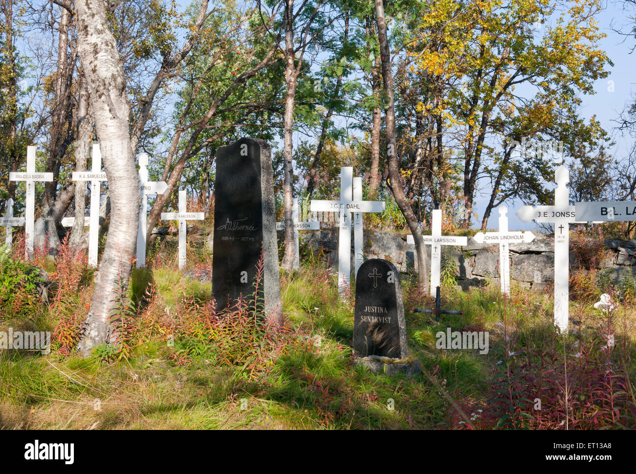 BJORKLIDEN, Suecia en septiembre de 2008. Cruces blancas en el cementerio en Sep.08, 2014. Cementerio Navvy en Sunshine, uso Editorial. Foto de stock
