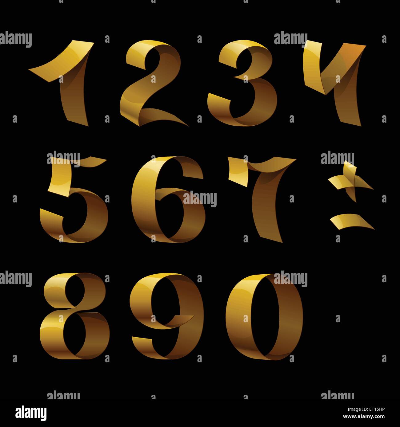 Conjunto de números aislados cinta brillante de oro sobre fondo negro