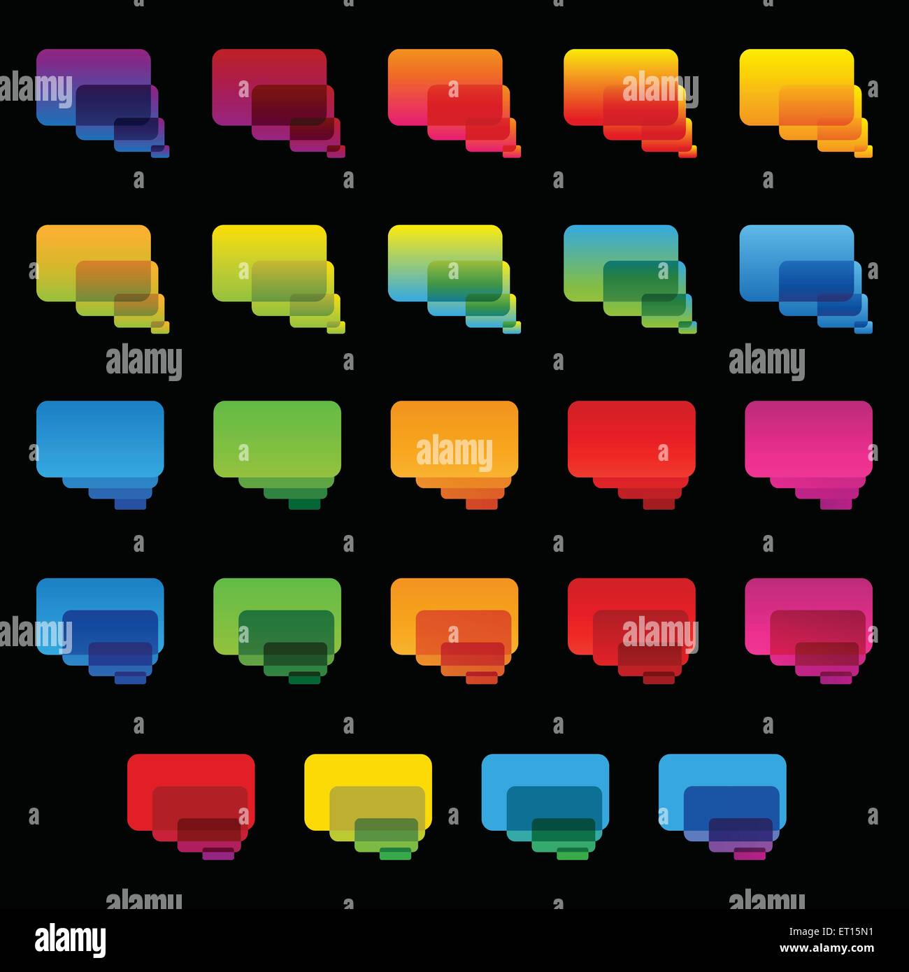 Rainbow colorido transparente rectángulo redondeado conjunto burbujas de chat sobre fondo negro. RGB 10 ilustración vectorial EPS Ilustración del Vector