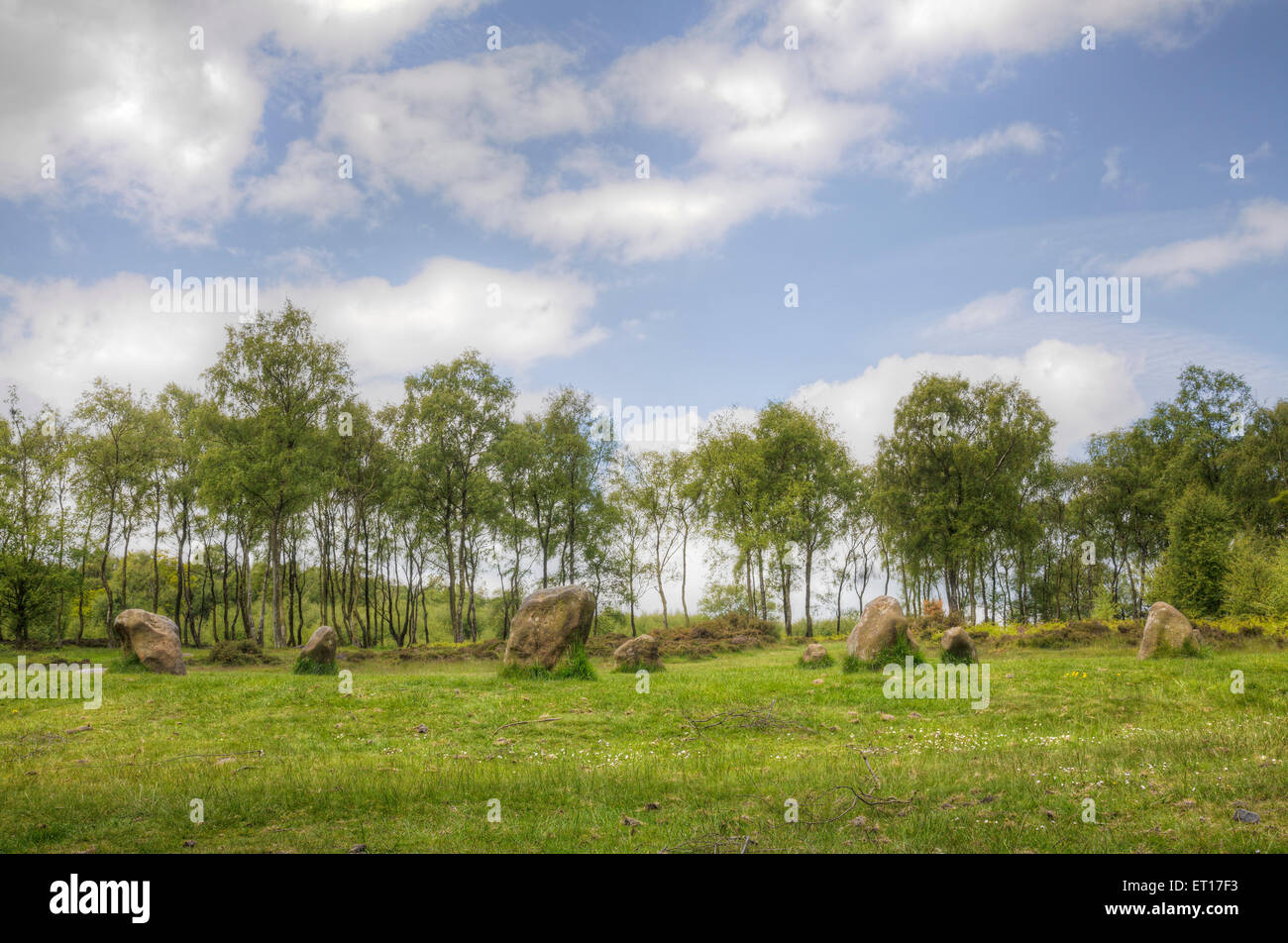 Nueve señoras Stone Circle, Stanton Moor, Derbyshire, Inglaterra Foto de stock