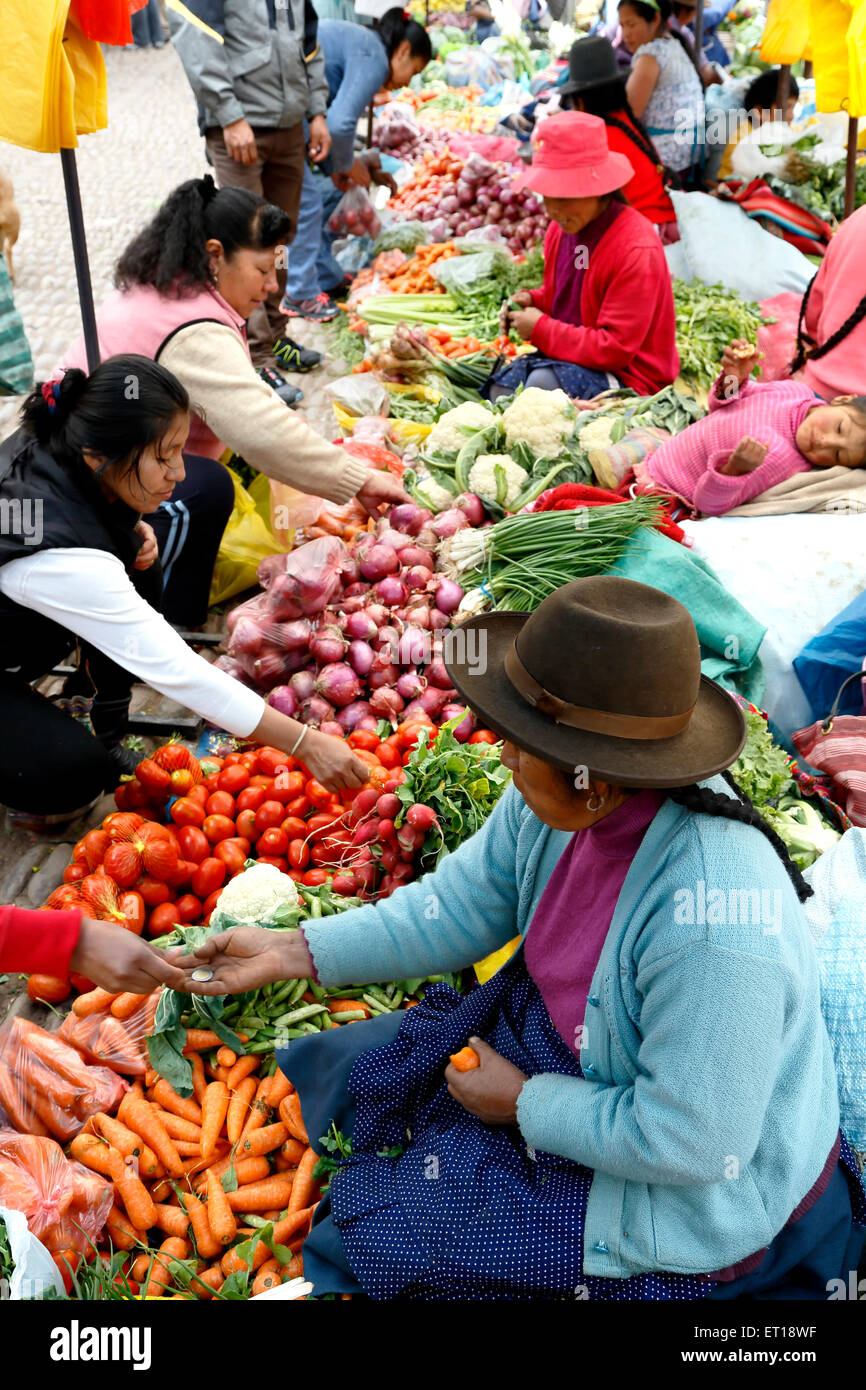 Mujer quechua de proveedores y productos para la venta, Pisac Mercado  Dominical, Cusco, Perú Fotografía de stock - Alamy