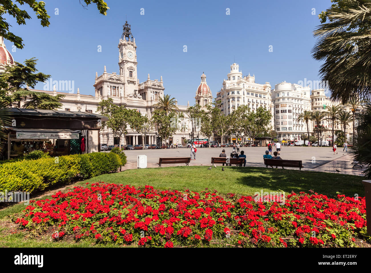 Las flores rojas en la Plaza del Ayuntamiento, Plaza de la ciudad de Valencia, España Foto de stock