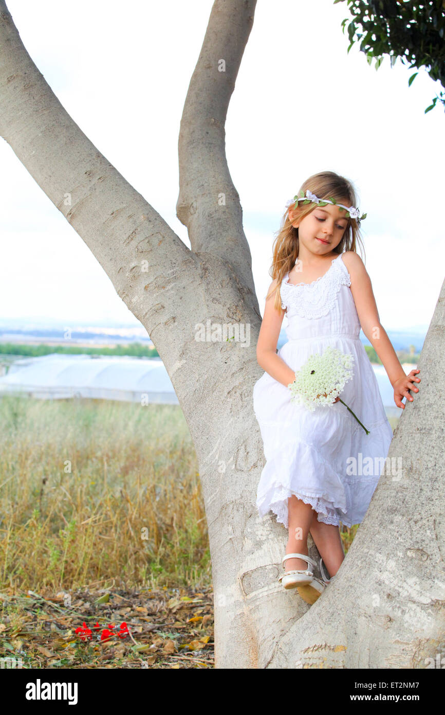 Niña de 6 años, en vestido blanco y una corona de flores en la cabeza en un  campo celebrando Shavuot la fiesta de la cosecha de primavera Fotografía de  stock - Alamy