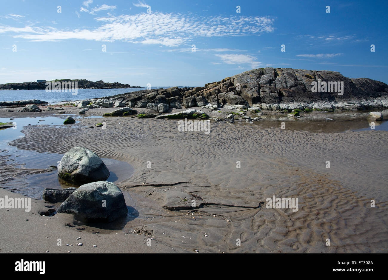 Playa rocosa paisaje y cielo azul en Falkenberg, Suecia. Foto de stock