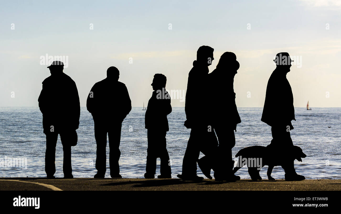 Silueta de personas y un perro caminando por el mar. Foto de stock