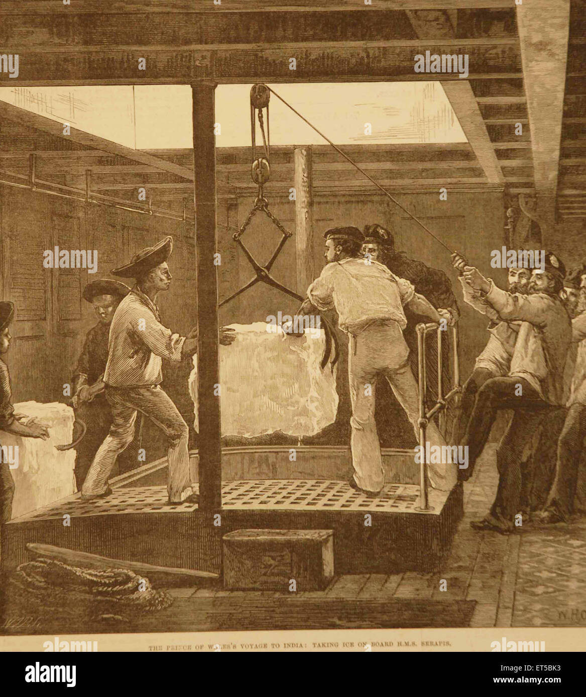 Litografías del Príncipe de Gales, Viaje a la India Teniendo hielo a bordo H.M.S Serapis ; India Foto de stock
