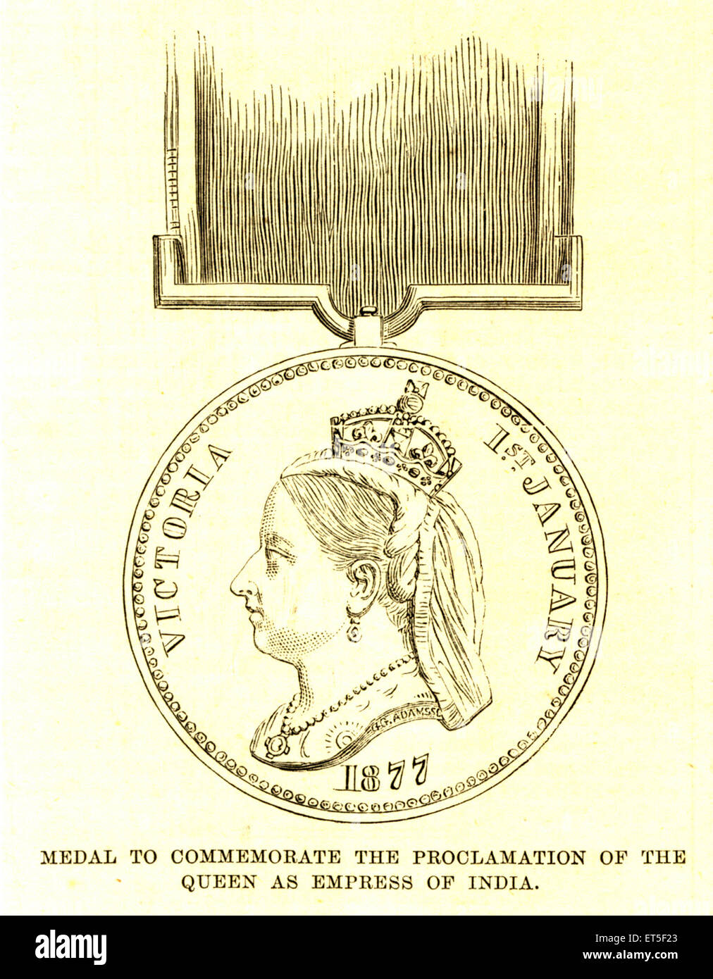 Medalla para conmemorar la proclamación de la Reina como emperatriz de la India, 1877, antiguo grabado de acero vintage 1800s Foto de stock