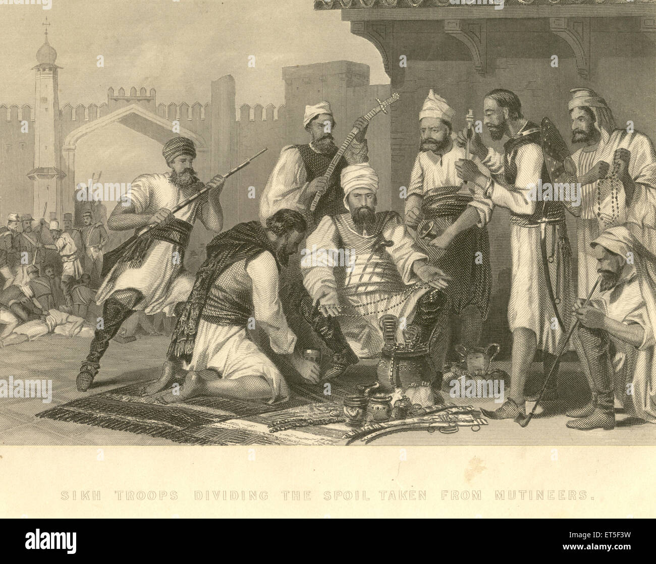 Motín militar y nidad opiniones tropas Sikh dividiendo el botín tomado de los amotinados ; India Foto de stock