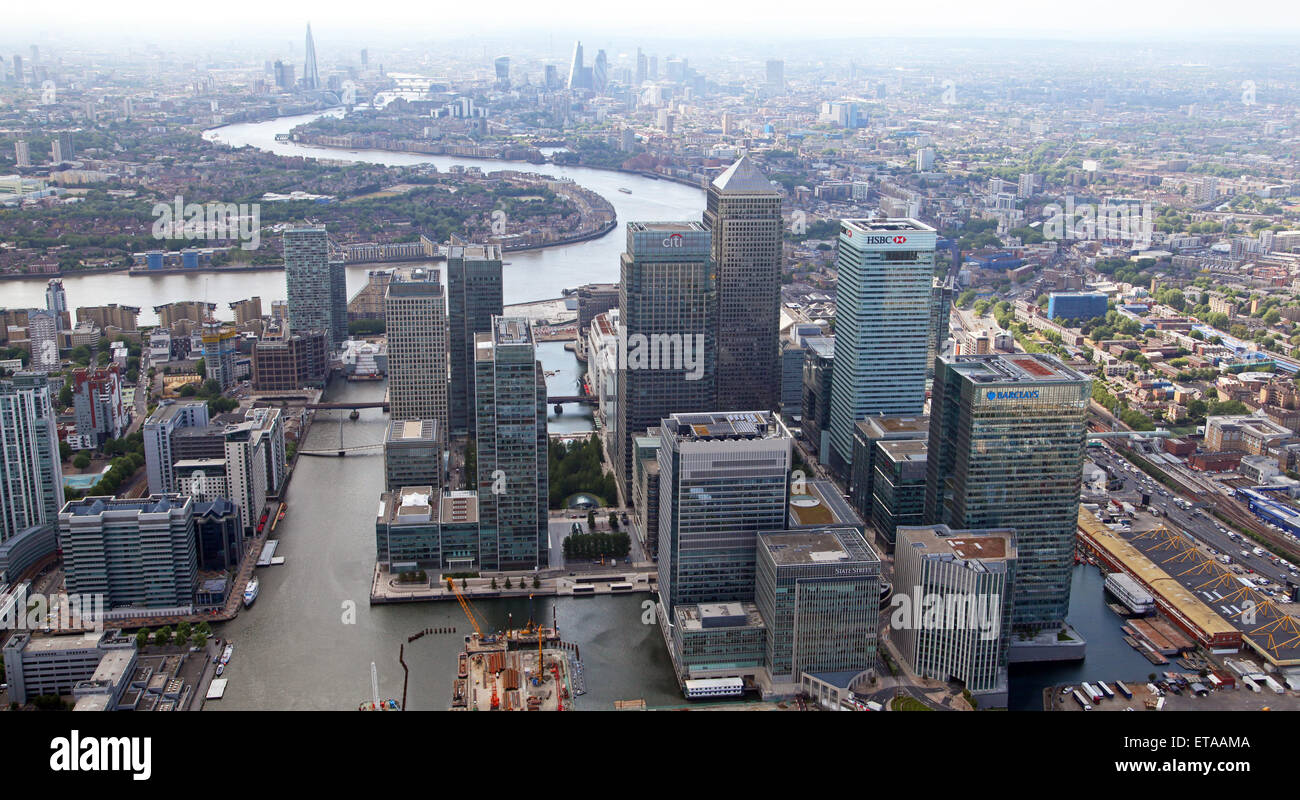 Vista aérea de Canary Wharf de East London, Reino Unido Foto de stock