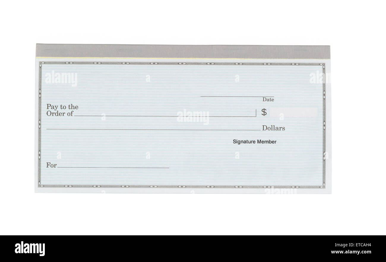 Cerca de cheque en blanco aislado sobre fondo blanco. Foto de stock