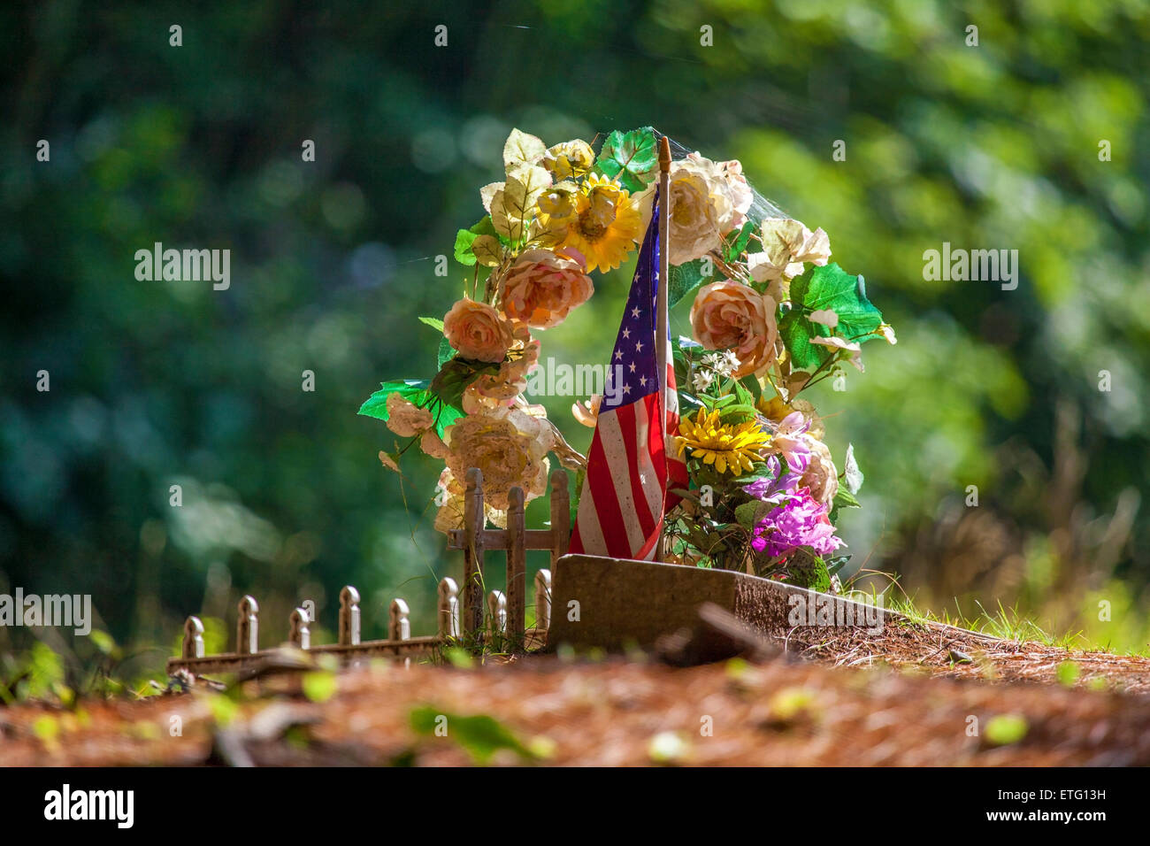 Bandera Americana y ofrenda floral en la tumba. Foto de stock
