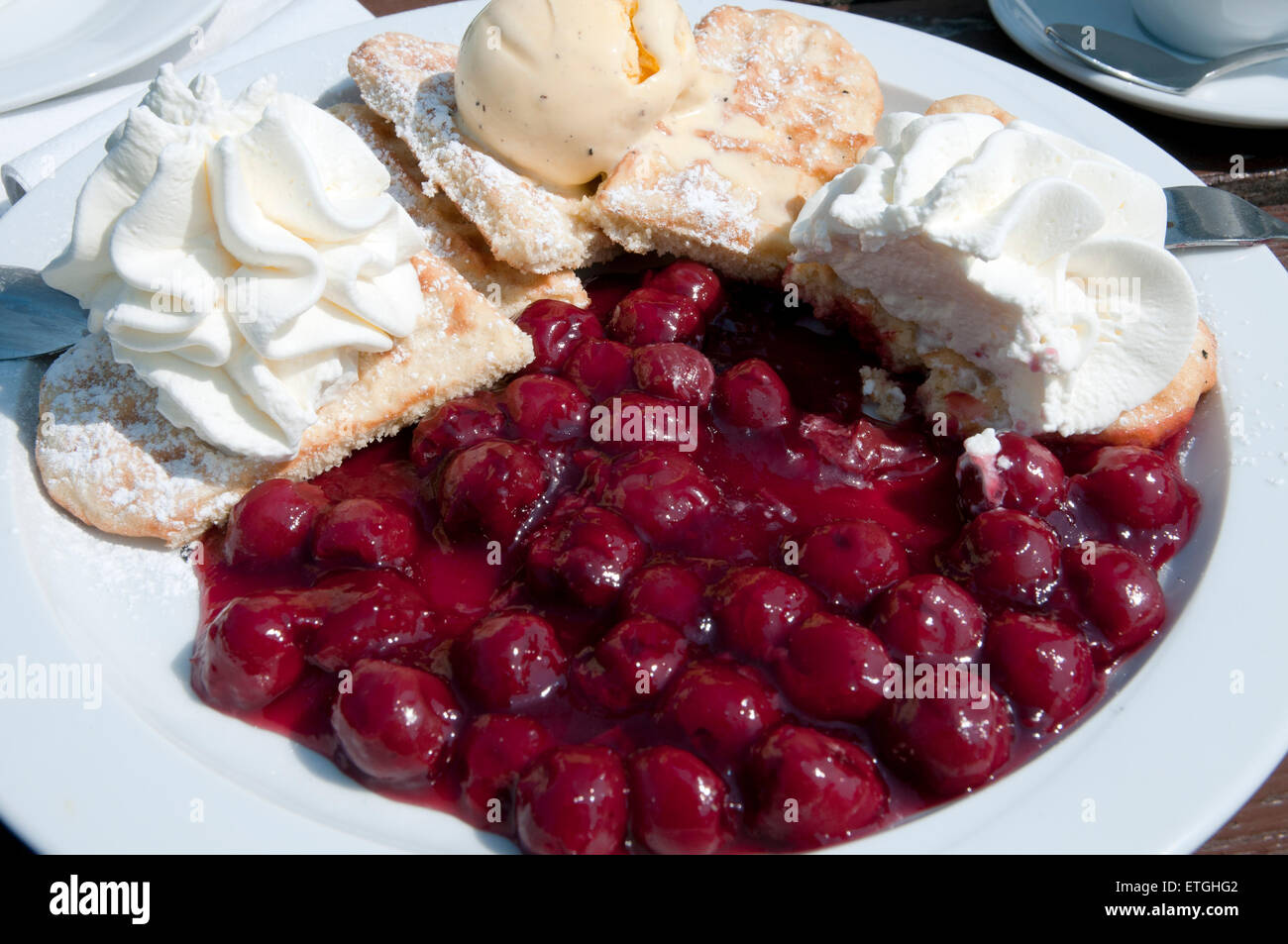 https://c8.alamy.com/compes/etghg2/postre-waffle-con-cerezas-calientes-vanilla-ice-cube-y-crema-en-un-cafe-europa-alemania-etghg2.jpg