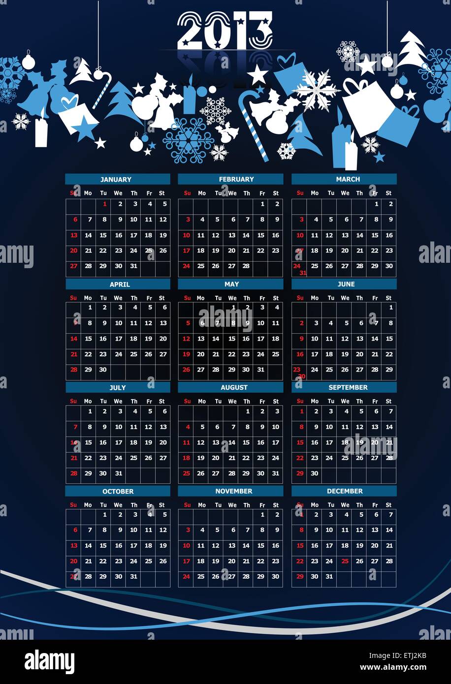 Calendario 2013 con imágenes de Navidad. Ilustración vectorial Ilustración del Vector
