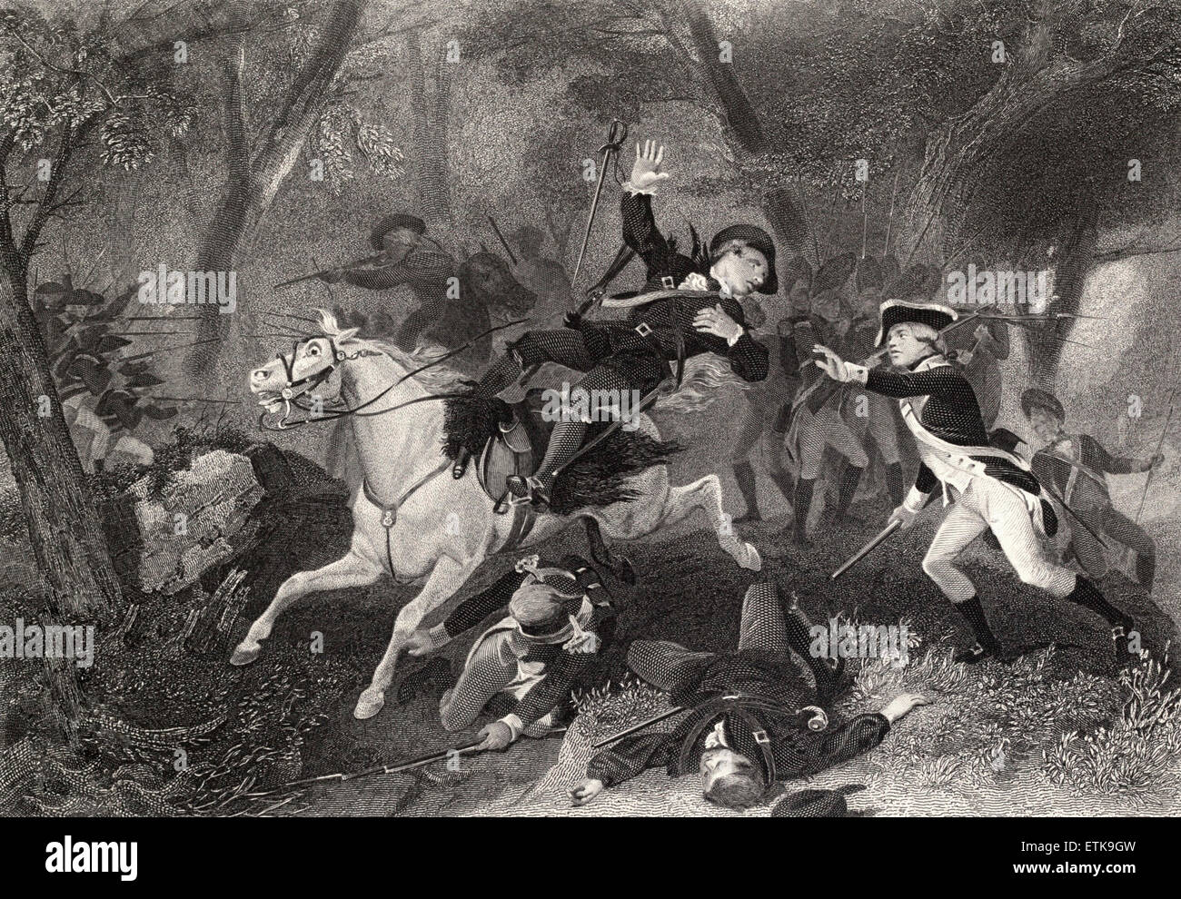 La muerte del Comandante Patrick Ferguson en el King's Mountain, 7 de octubre de 1780. USA La guerra revolucionaria Foto de stock