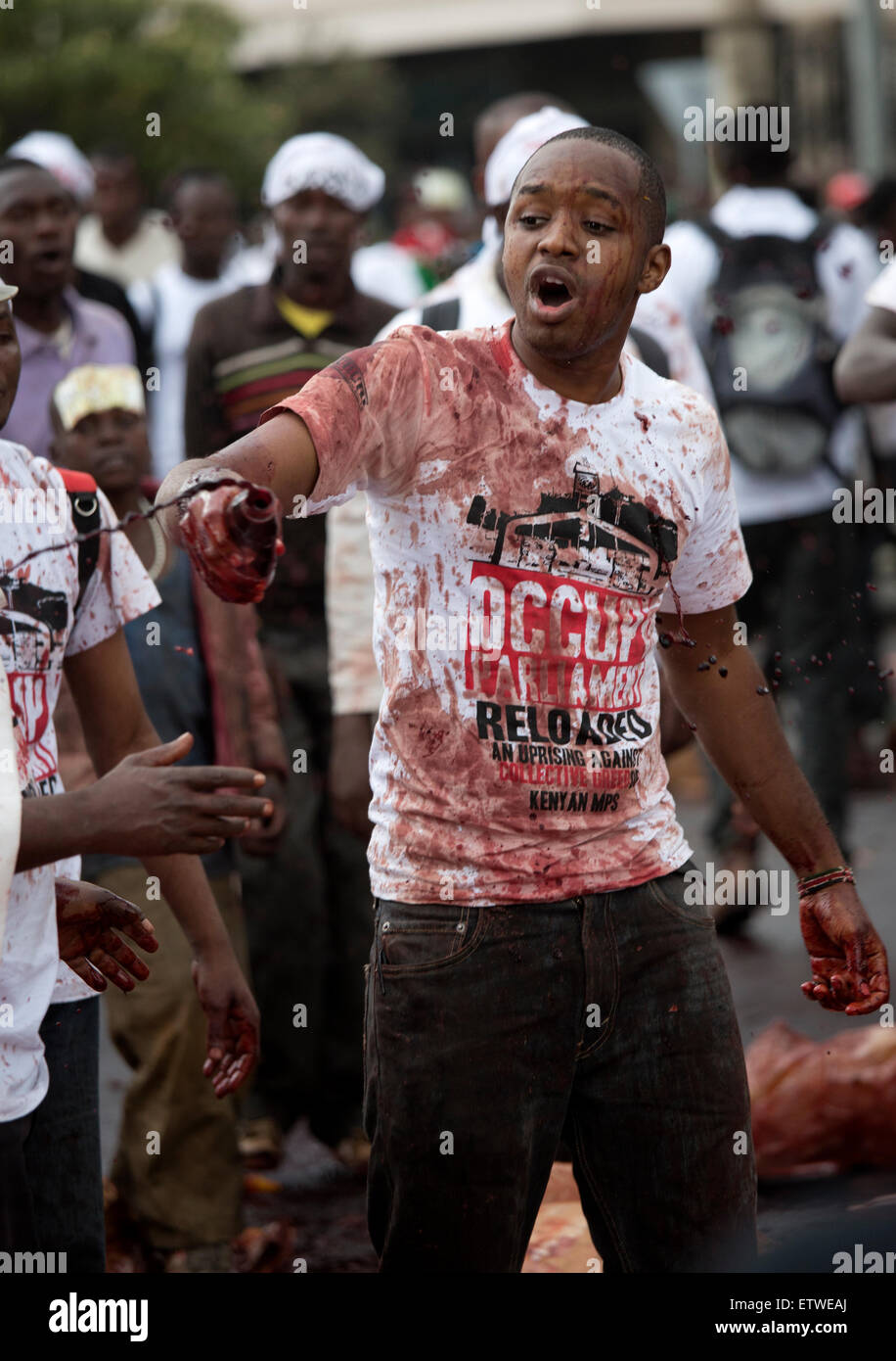 Activista de Kenia Bonafice Mwangi arrojar la sangre animal que simboliza la codicia durante una protesta por miembros de los Parlamentos de los sueldos, el 11 de junio de 2013 MP's kenianos han votado para permitir un aumento de sueldo a despecho de propuestas de recorte de salario. MP's de Kenia son ya una de las más alta pagada en el mundo.El MP's votó por un sueldo mensual de aproximadamente $10,000 (£6.540).KAREL PRINSLOO. Foto de stock
