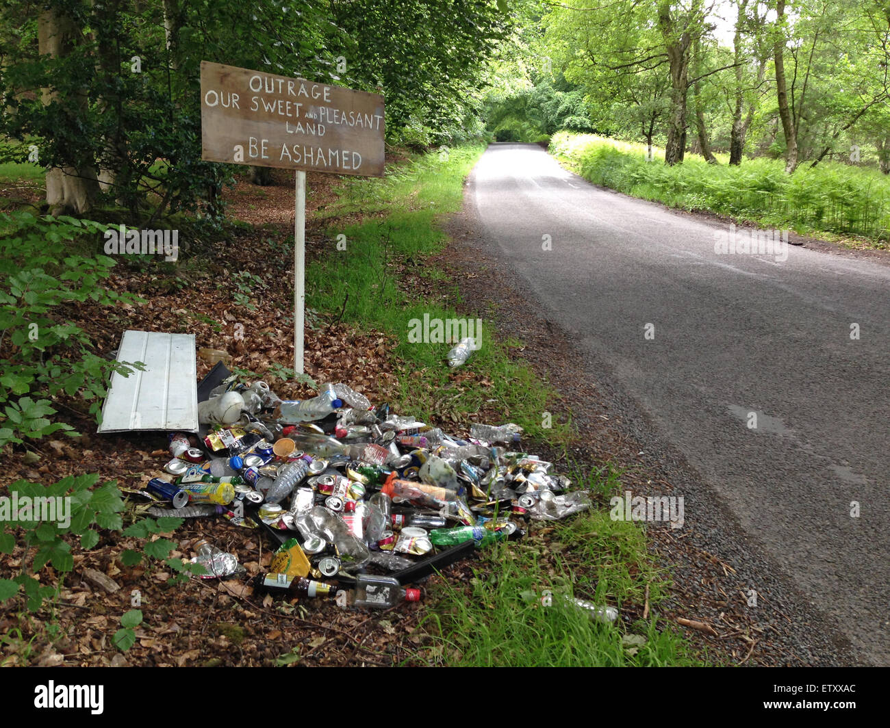 Cannock Chase, Staffordshire, Reino Unido. El 15 de junio de 2015. En los alrededores de Upper Longdon, Cannock Chase, 'zona de excepcional belleza natural' una camada vigilante crea una protesta en la carretera contra la basura. El misterio persona o personas recogiendo basura y presentarlo junto a un cartel que dice "indignación. Nuestra tierra dulce y agradable. Ser avergonzado.' La basura contiene principalmente latas y botellas de bebidas alcohólicas. Crédito: Richard Grange/Alamy Live News Foto de stock