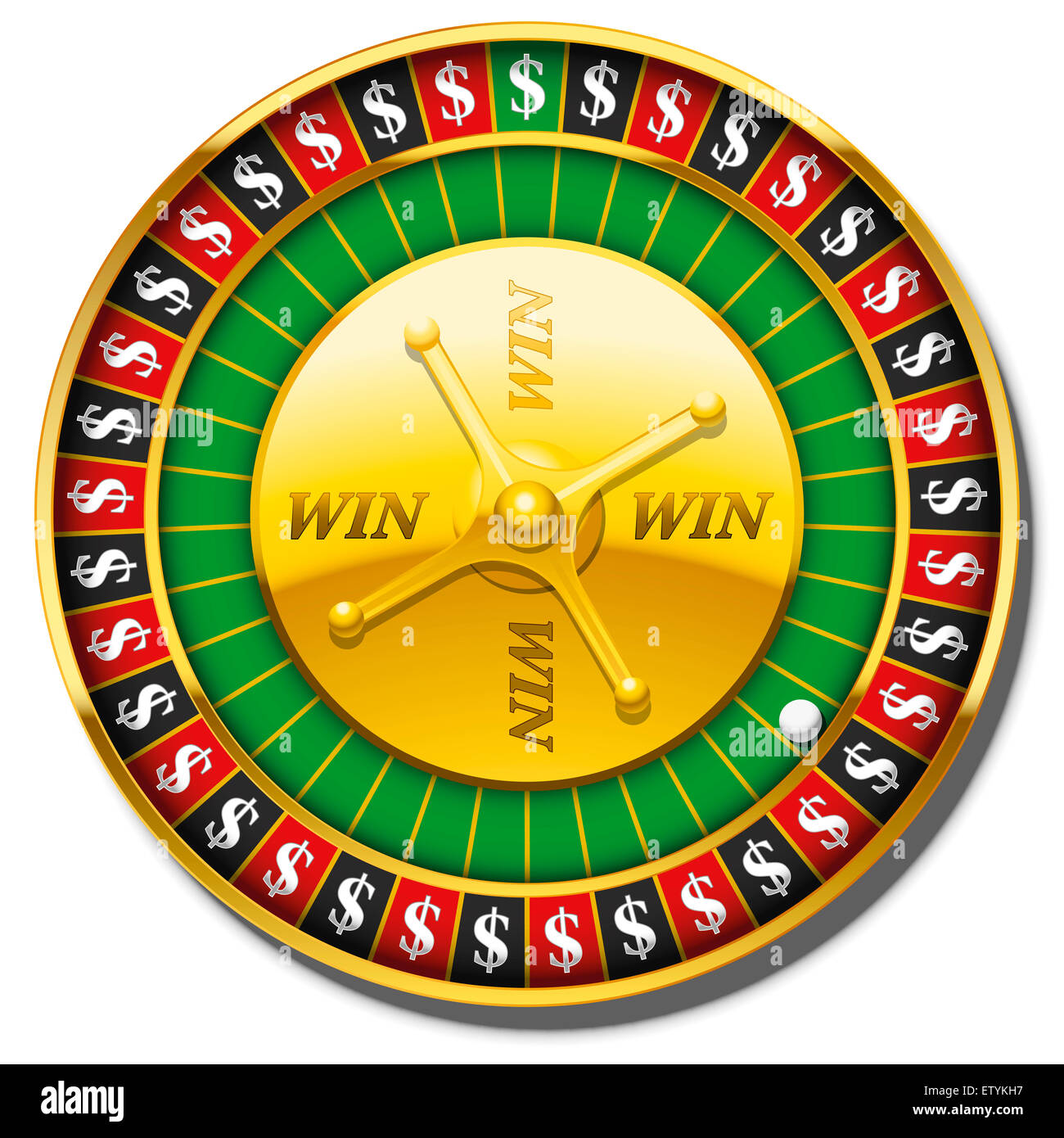 La rueda de la ruleta con el símbolo del dólar en lugar de los números y las palabras ganar en la placa dorada. Foto de stock