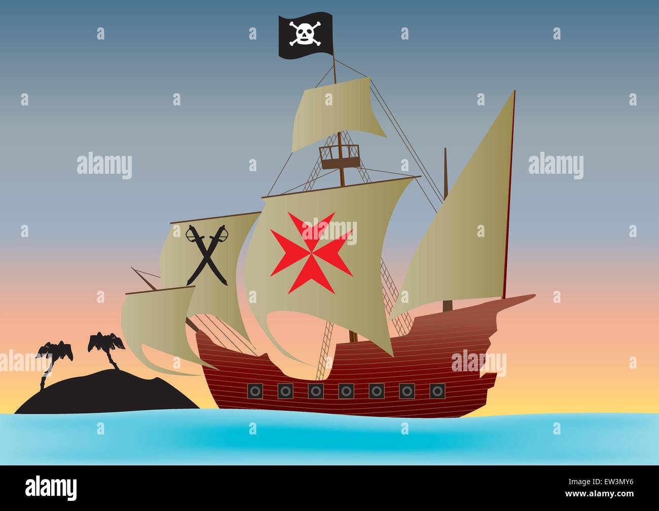 Un barco pirata pasado una isla desierta al atardecer Ilustración del Vector