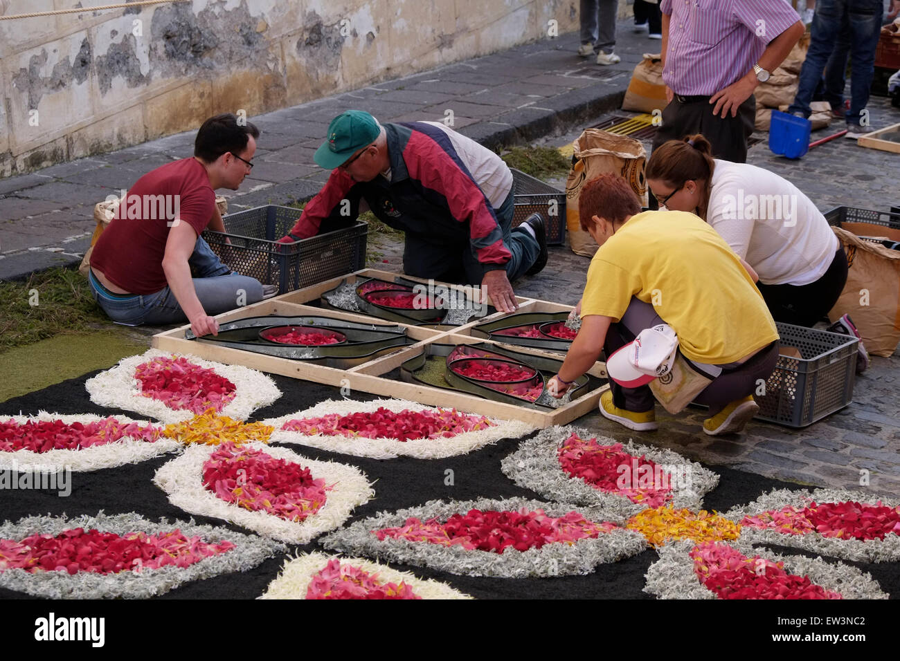 La gente local creando elaborar imágenes de coloridos pétalos de flores y  semillas de pasto durante el Corpus Christi, alfombra o evento de alfombra  de flores en la ciudad de La Orotava