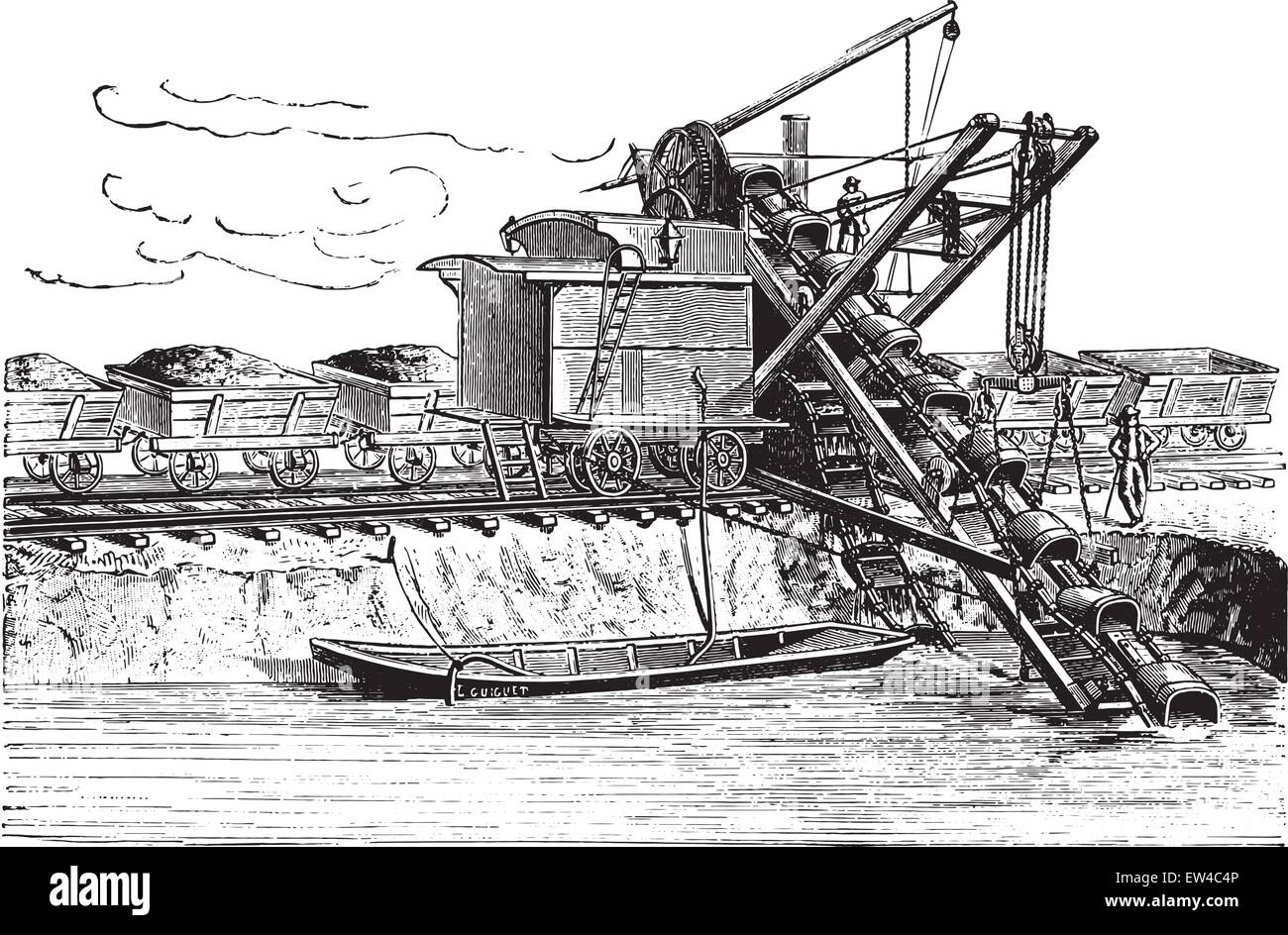 La excavación de la excavadora utiliza la nueva cama del Danubio, vintage ilustración grabada. Enciclopedia Industrial E.-O. Lami - 1875. Ilustración del Vector