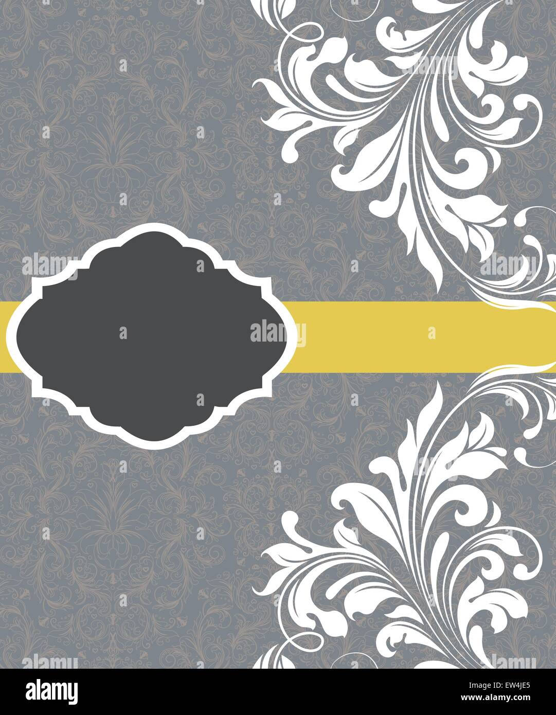 Tarjeta de invitación Vintage adornado con elegante diseño floral abstracto, flores blancas sobre fondo gris azulado con cinta amarilla. Ilustración del Vector