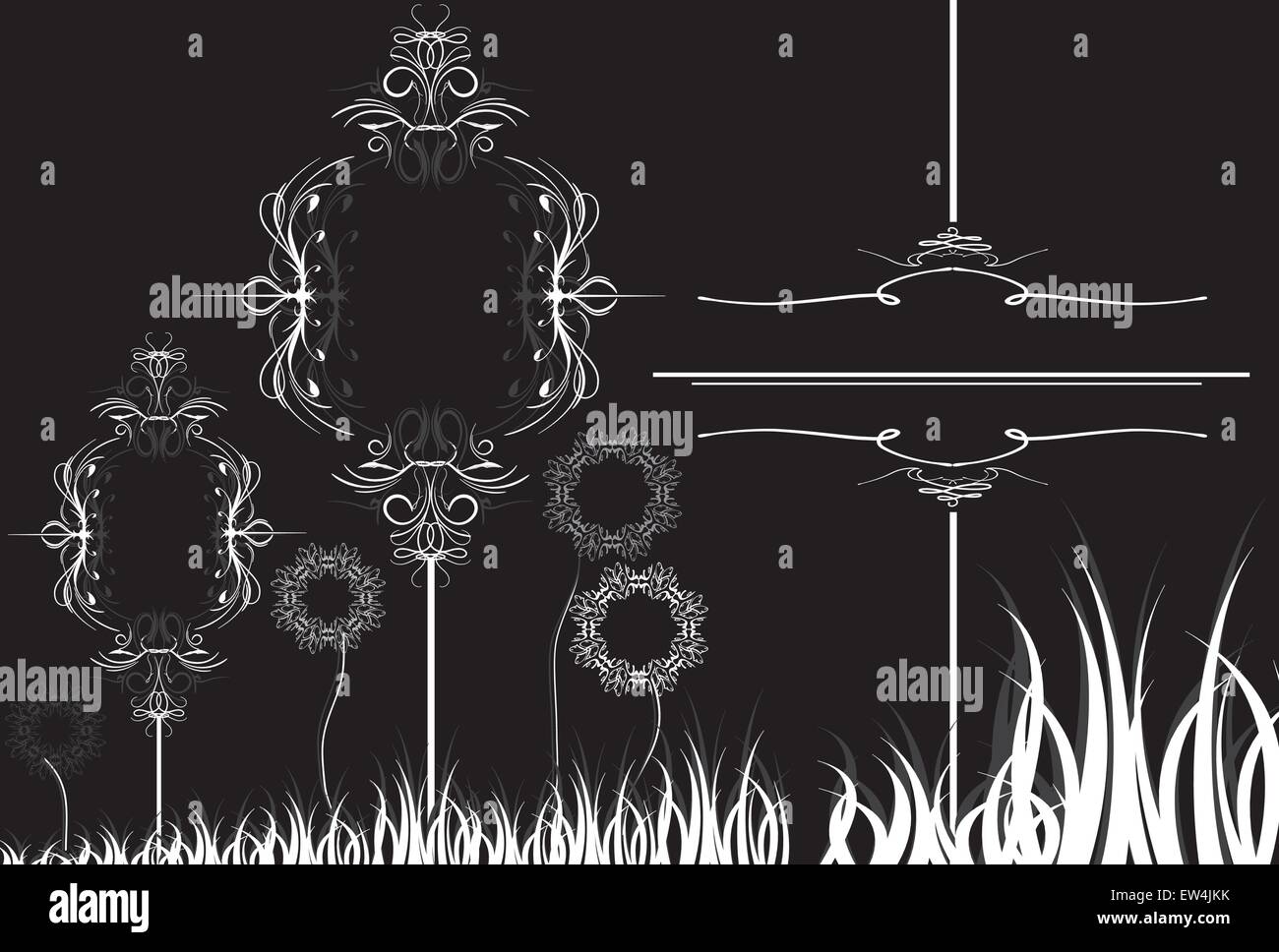Tarjeta de invitación Vintage Retro elegante adornados con diseño floral abstracto, gris y blanco de las flores y hojas de hierba backg negro Ilustración del Vector
