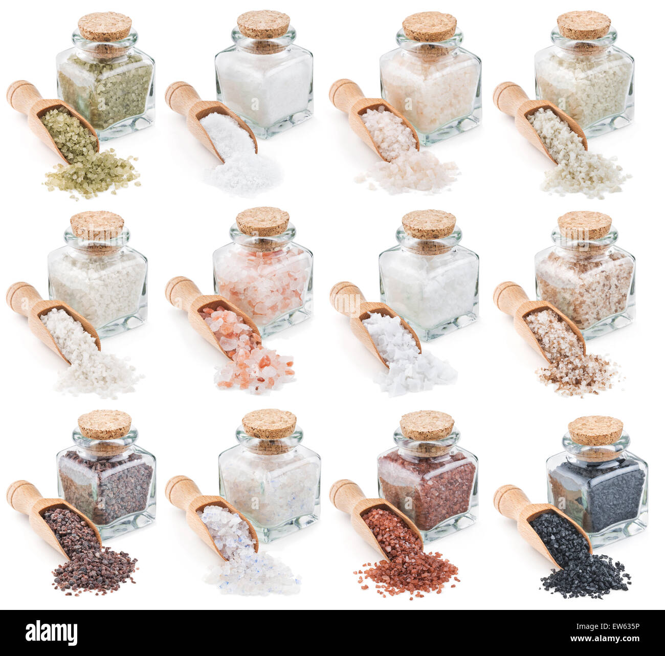 Colección de diferentes tipos de sal aislado en blanco Foto de stock