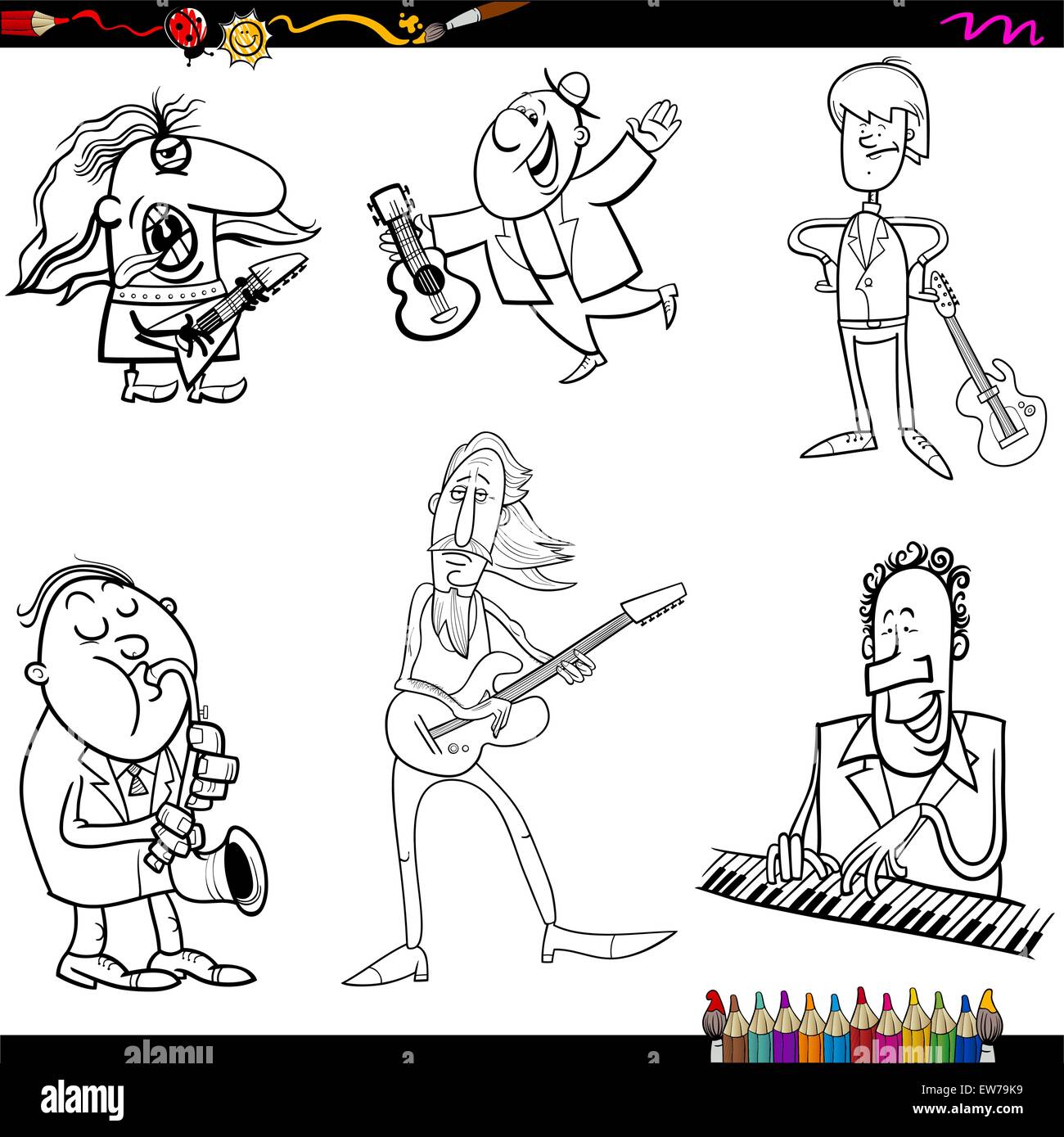 Libro para colorear la ilustración de dibujos animados de músicos tocando instrumentos  musicales Conjunto de caracteres Imagen Vector de stock - Alamy