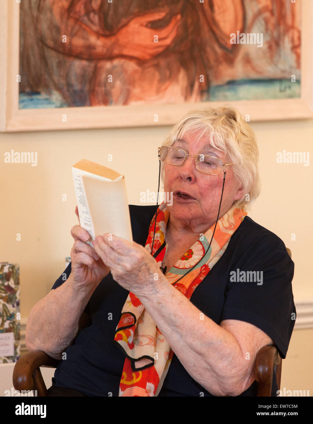 Autor Fay Weldon abre el primer Festival de la literatura en Sidmouth, 'Sol, mar y Libros' en casa Kennaway, Sidmouth, Devon Foto de stock