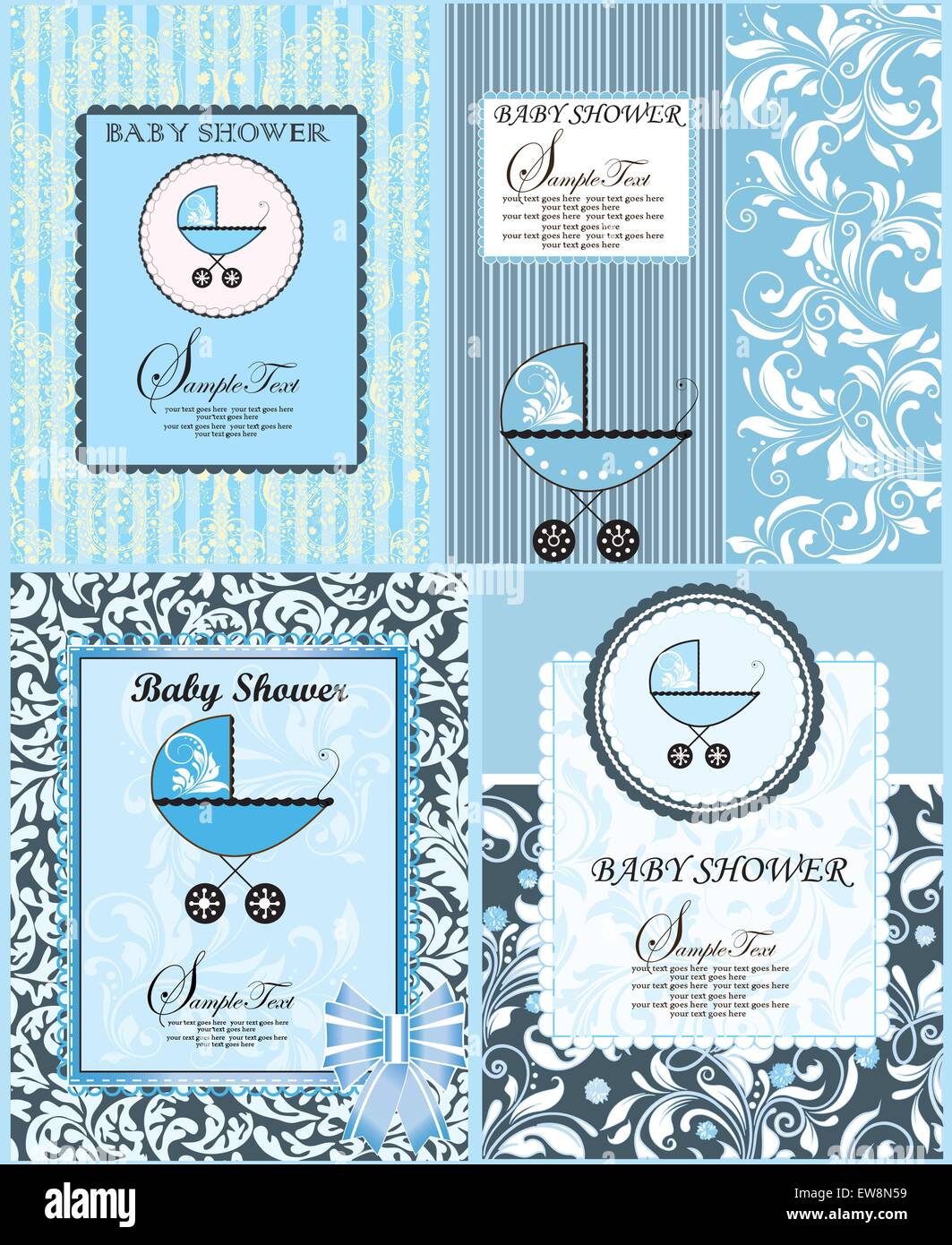 Juego de cuatro (4) vintage tarjeta de invitación de baby shower con  ornamentadas retro elegante diseño floral abstracto, azul claro con el bebé  carri Imagen Vector de stock - Alamy